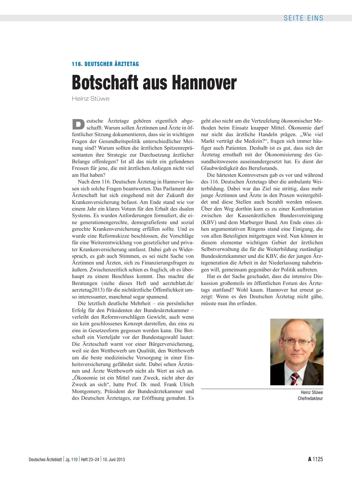 Vorschauseite 1: 116. Deutscher Ärztetag: Botschaft aus Hannover