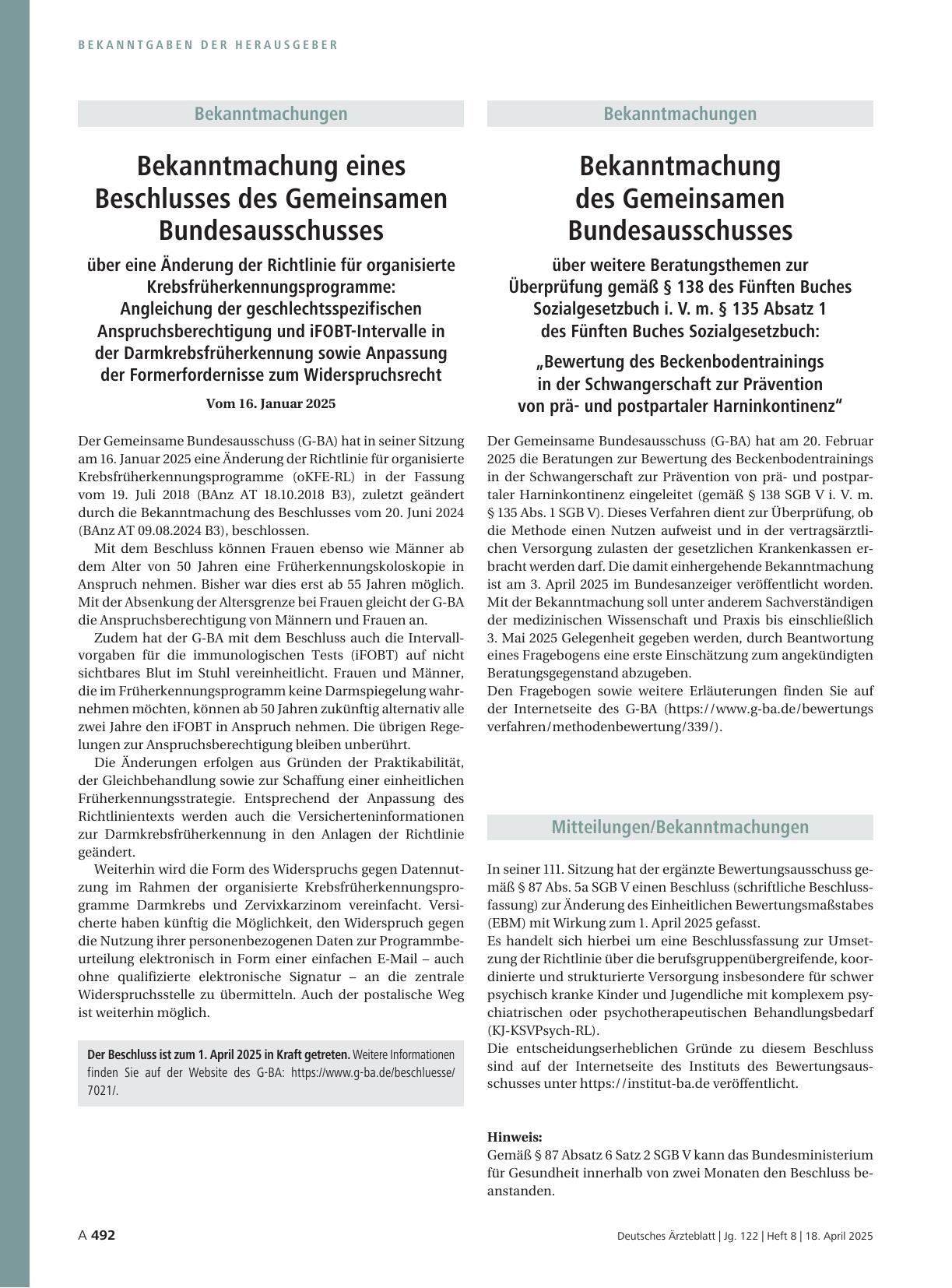 Vorschauseite 1: Bekanntmachung des Gemeinsamen Bundesausschusses über weitere Beratungsthemen zur Überprüfung gemäß § 138 des Fünften Buches Sozialgesetzbuch i. V. m. § 135 Absatz 1 des Fünften B…