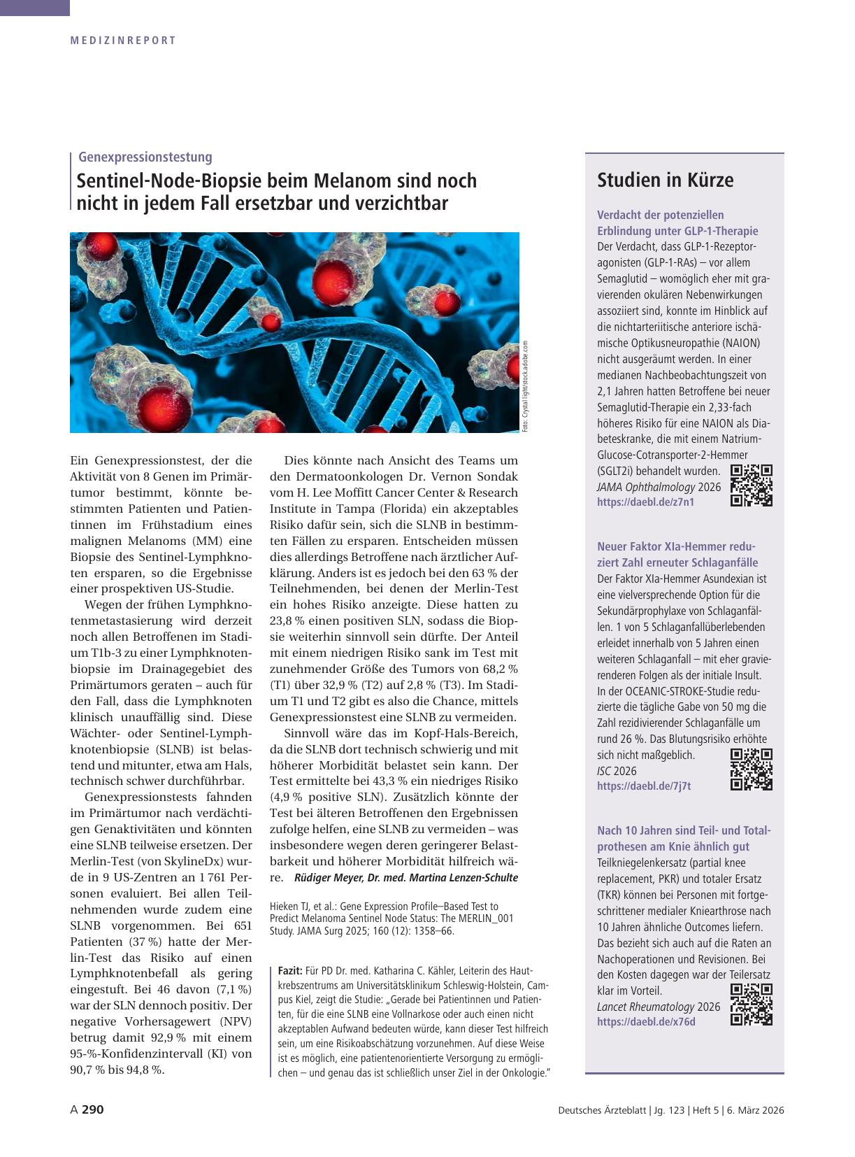 Vorschauseite 1: Genexpressionstestung: Sentinel-Node-Biopsie beim Melanom sind noch nicht in jedem Fall ersetzbar und verzichtbar