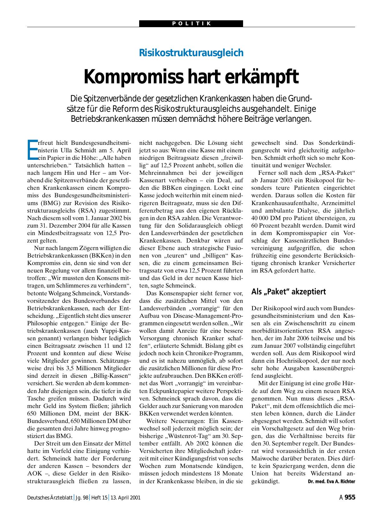 Vorschauseite 1: Risikostrukturausgleich: Kompromiss hart erkämpft