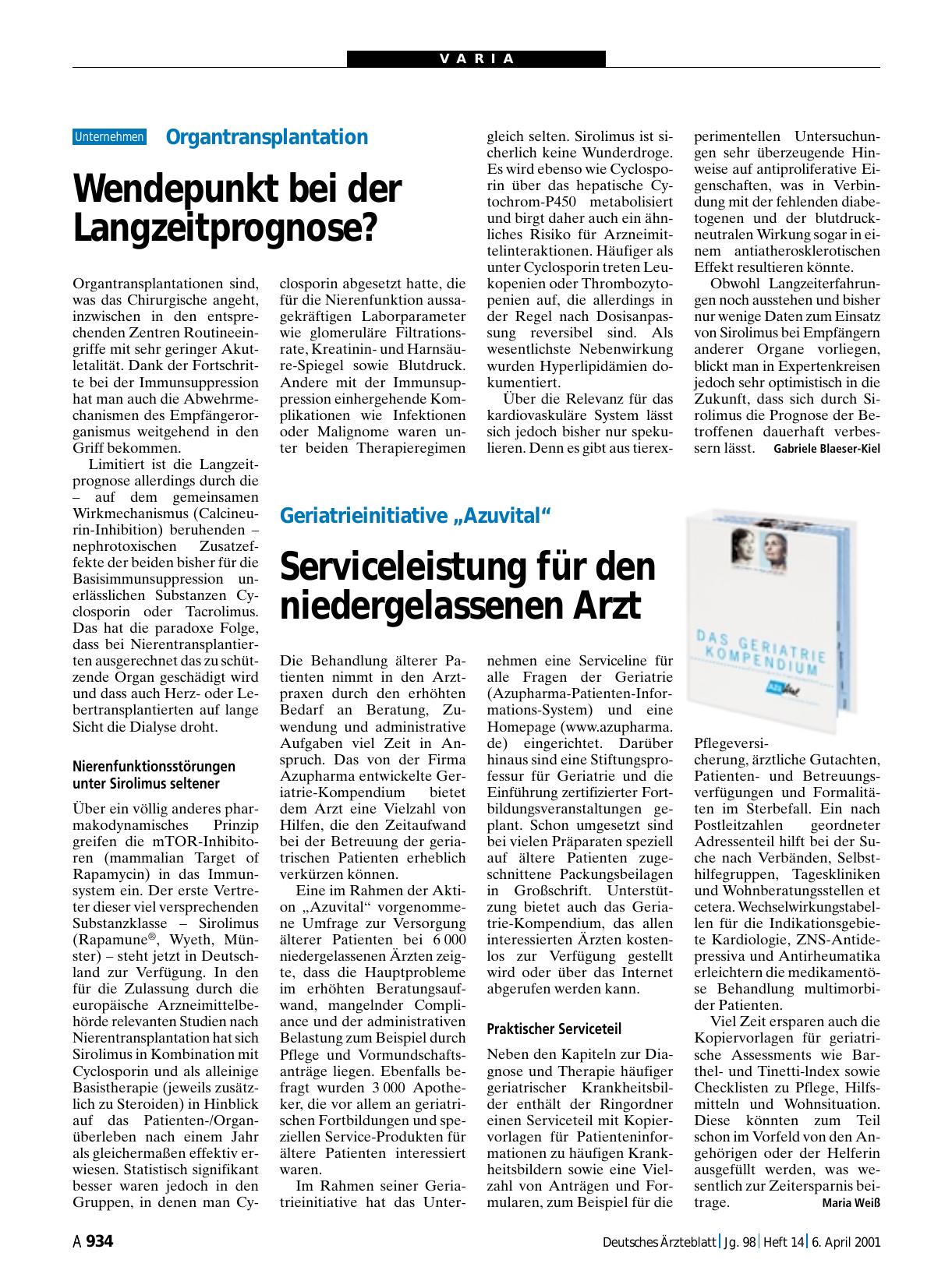 Vorschauseite 1: Geriatrieinitiative „Azuvital“: Serviceleistung für den niedergelassenen Arzt
