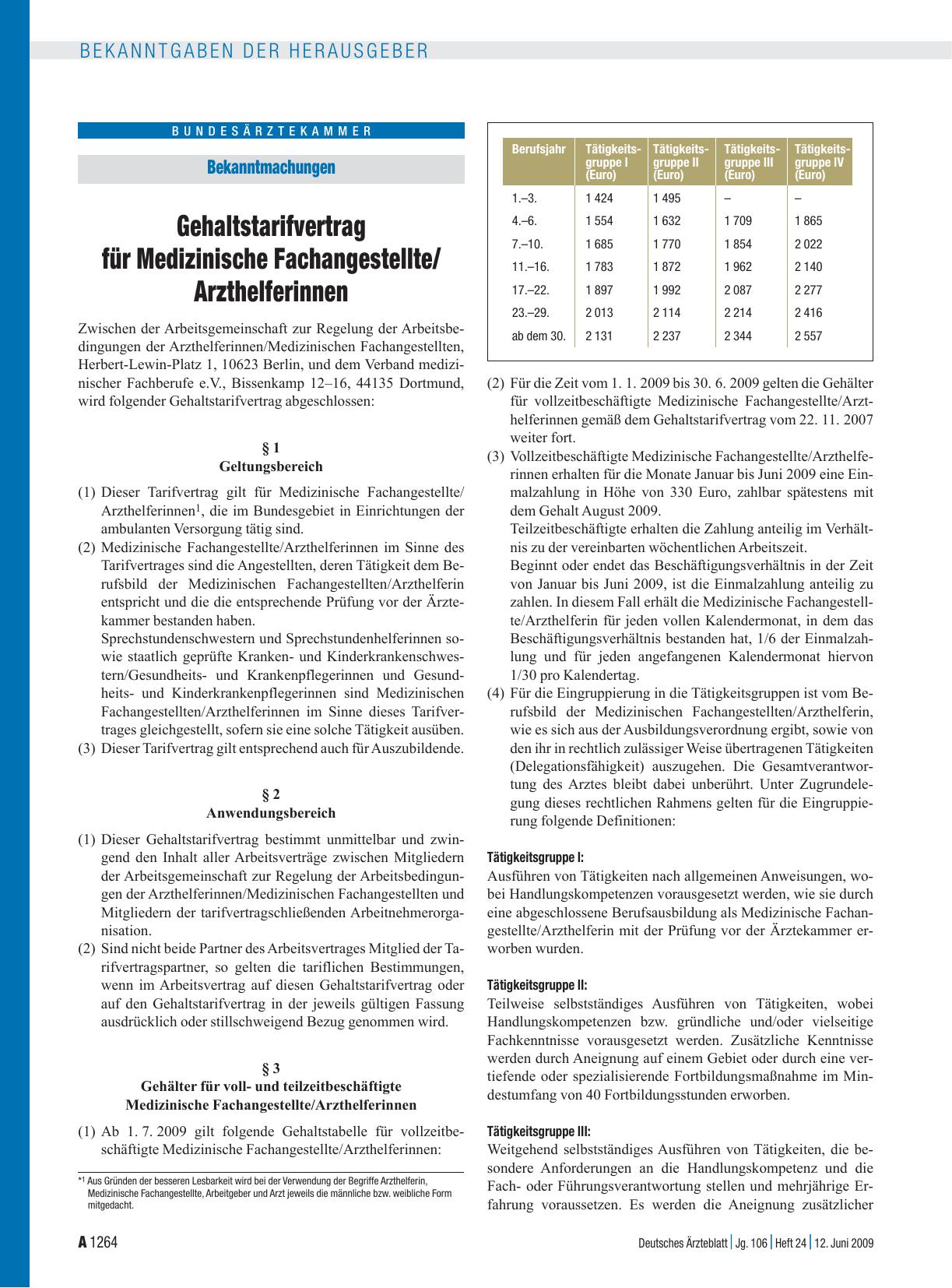 Vorschauseite 1: Bekanntmachungen: Gehaltstarifvertrag für Medizinische Fachangestellte/ Arzthelferinnen