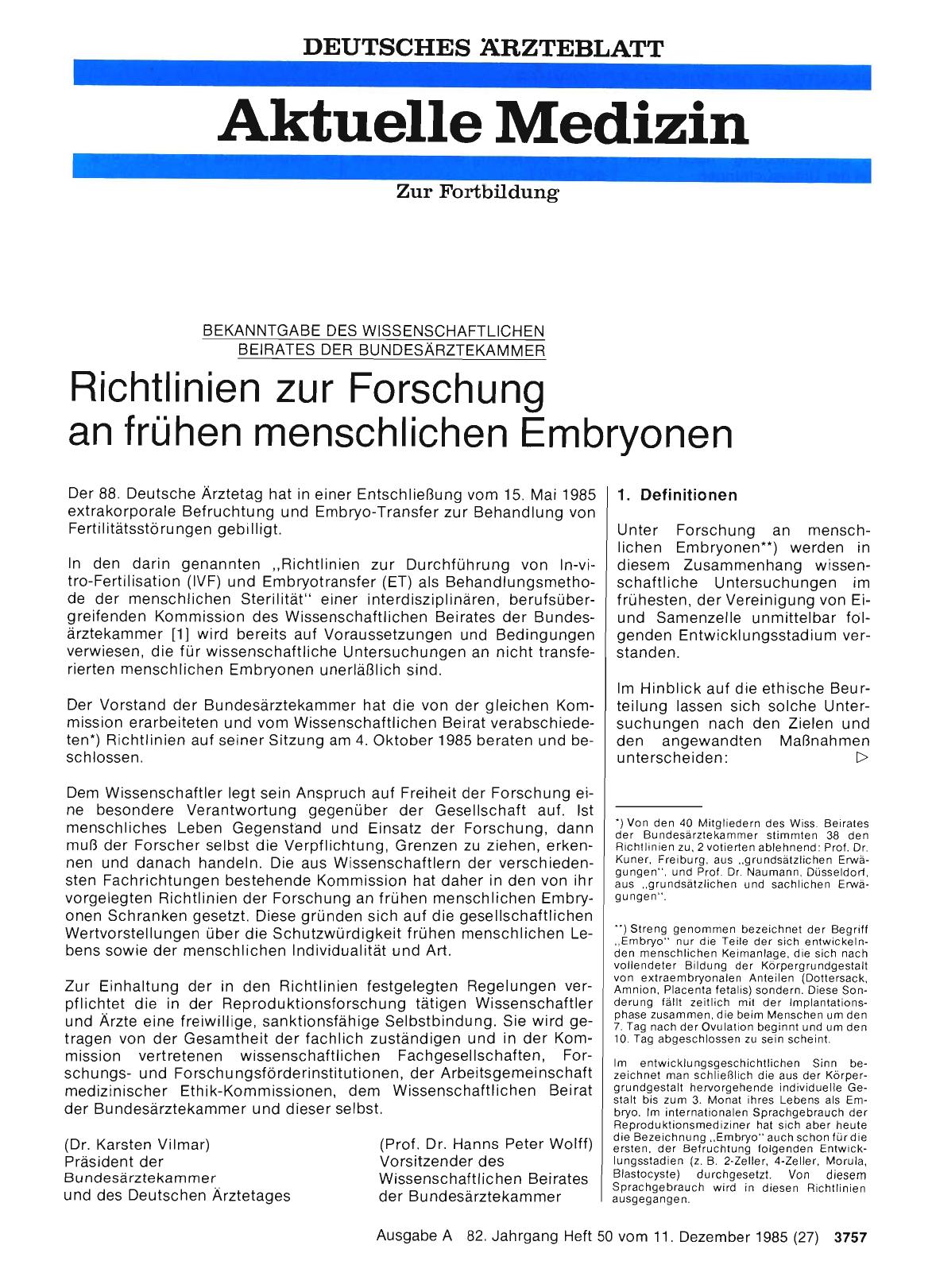 Vorschauseite 1: BEKANNTGABE DES WISSENSCHAFTLICHEN BEIRATES DER BUNDESÄRZTEKAMMER: Richtlinien zur Forschung an frühen menschlichen Embryonen