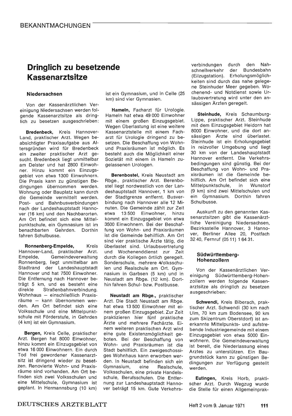 Vorschauseite 1: Dringlich zu besetzende Kassenarztsitze