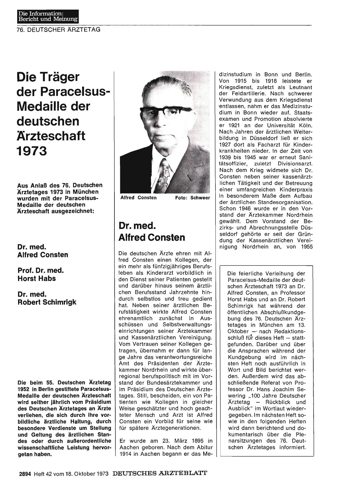 Vorschauseite 1: Die Träger der Paracelsus-Medaille der deutschen Ärzteschaft 1973