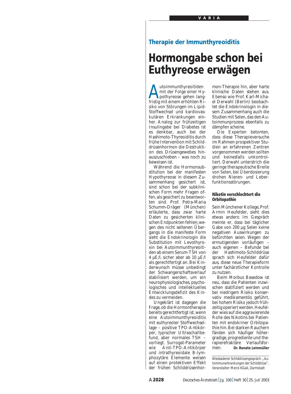 Vorschauseite 1: Therapie der Immunthyreoiditis: Hormongabe schon bei Euthyreose erwägen