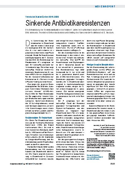 Vorschauseite 1: Trends bei Bakteriämien 2016–2020: Sinkende Antibiotikaresistenzen