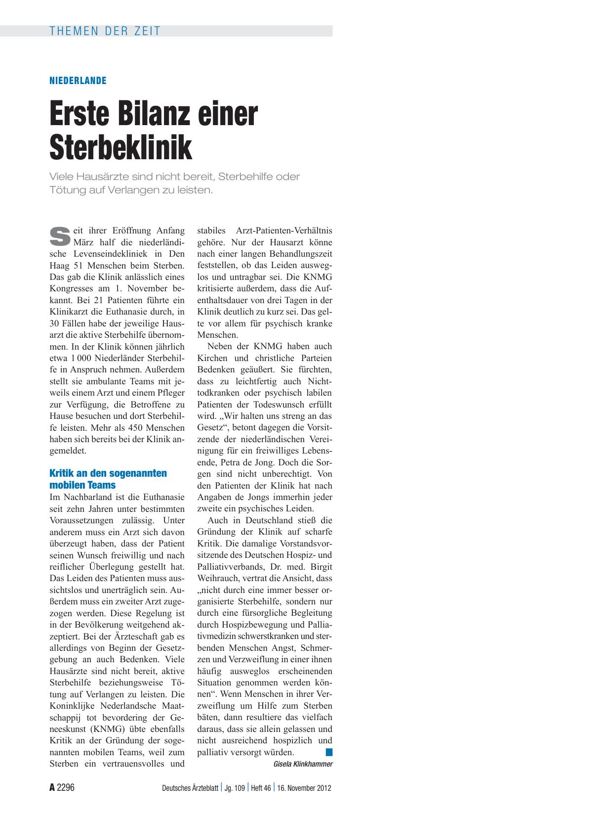 Vorschauseite 1: Niederlande: Erste Bilanz einer Sterbeklinik