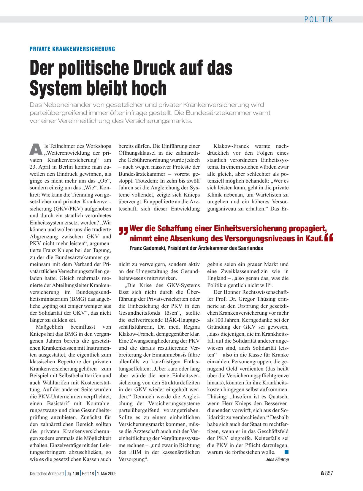Vorschauseite 1: Private Krankenversicherung: Der politische Druck auf das System bleibt hoch