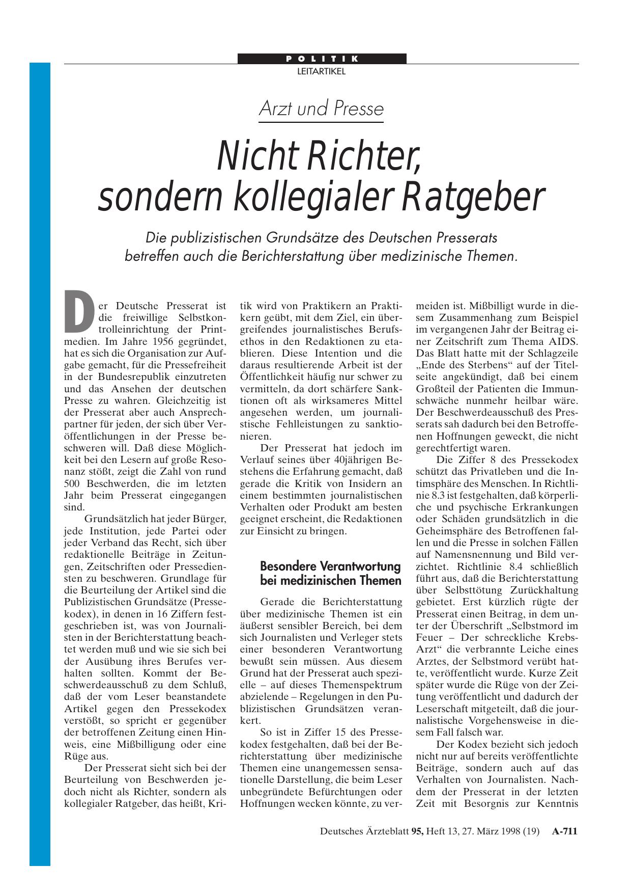 Vorschauseite 1: Arzt und Presse: Nicht Richter, sondern kollegialer Ratgeber