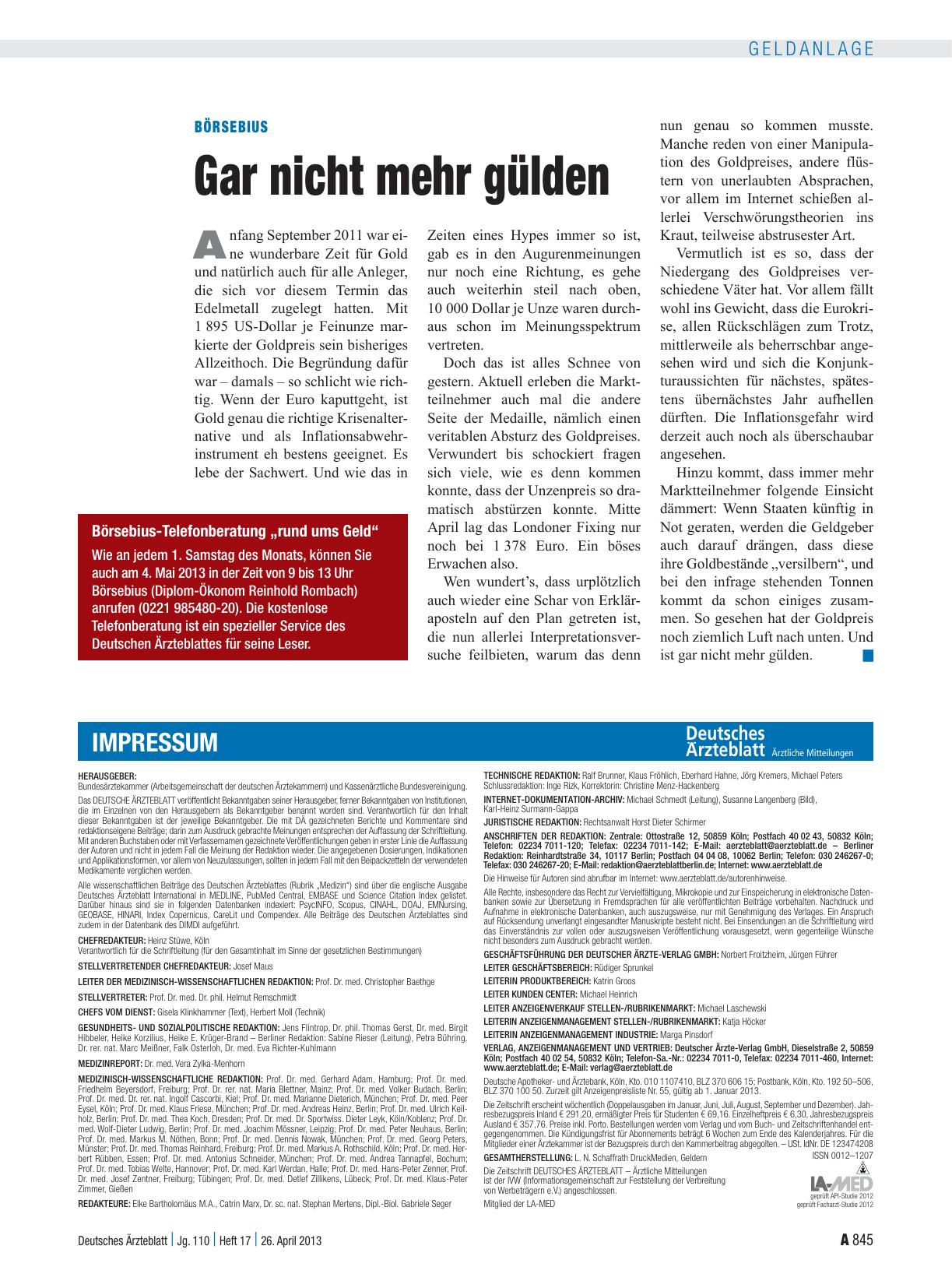Vorschauseite 1: Börsebius: Gar nicht mehr gülden