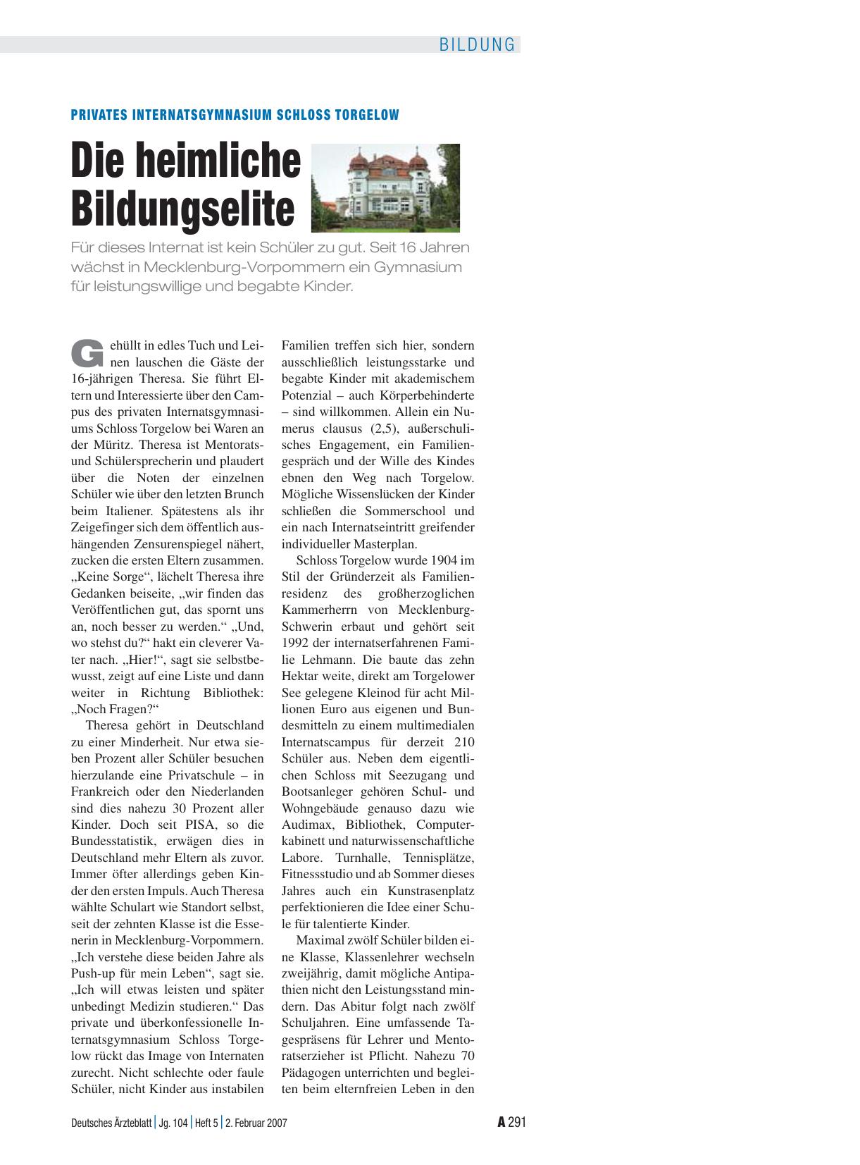 Vorschauseite 1: Privates Internatsgymnasium Schloss Torgelow: Die heimliche Bildungselite