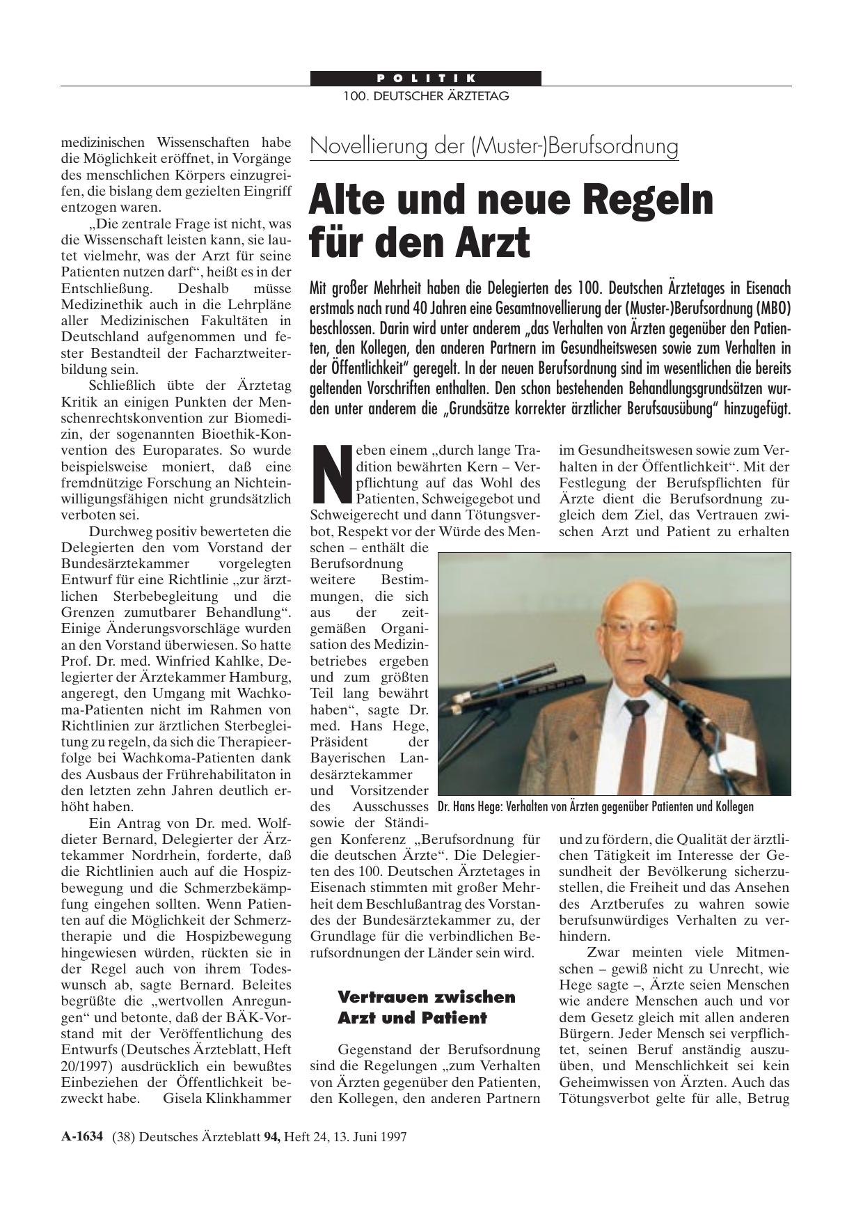 Vorschauseite 1: Novellierung der (Muster-)Berufsordnung: Alte und neue Regeln für den Arzt
