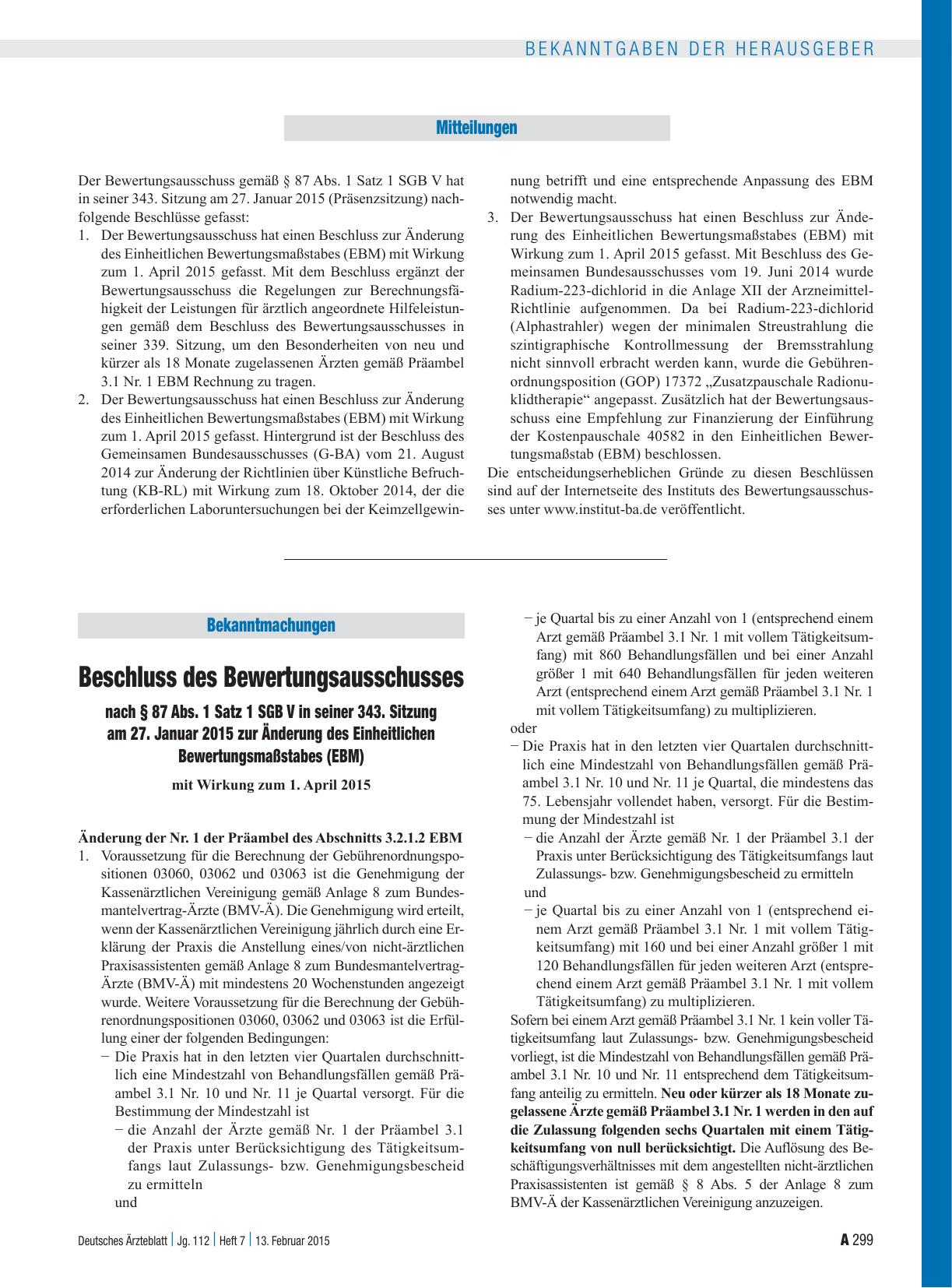 Vorschauseite 1: Beschluss des Bewertungsausschusses nach § 87 Abs. 1 Satz 1 SGB V in seiner 343. Sitzung am 27. Januar 2015 zur Änderung des Einheitlichen Bewertungsmaßstabes (EBM)