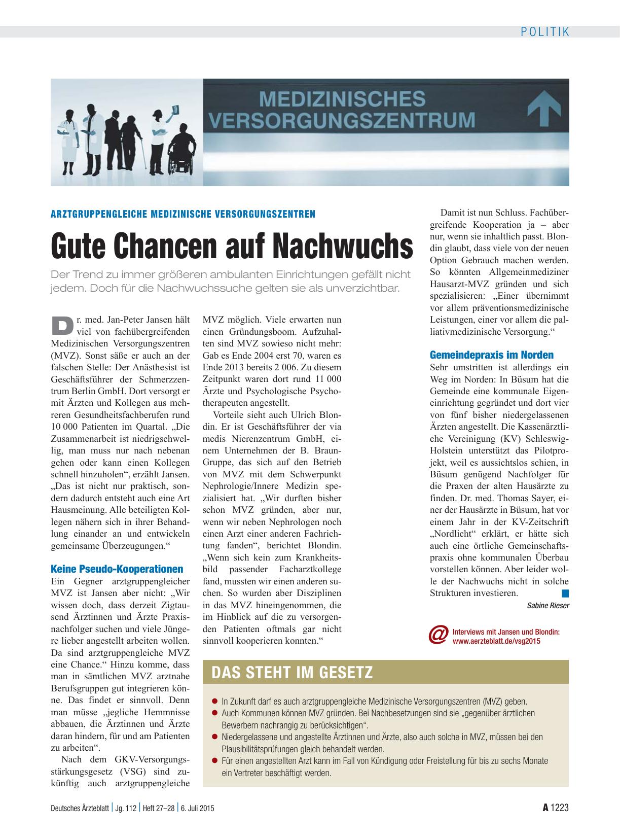 Vorschauseite 1: Arztgruppengleiche medizinische Versorgungszentren: Gute Chancen auf Nachwuchs