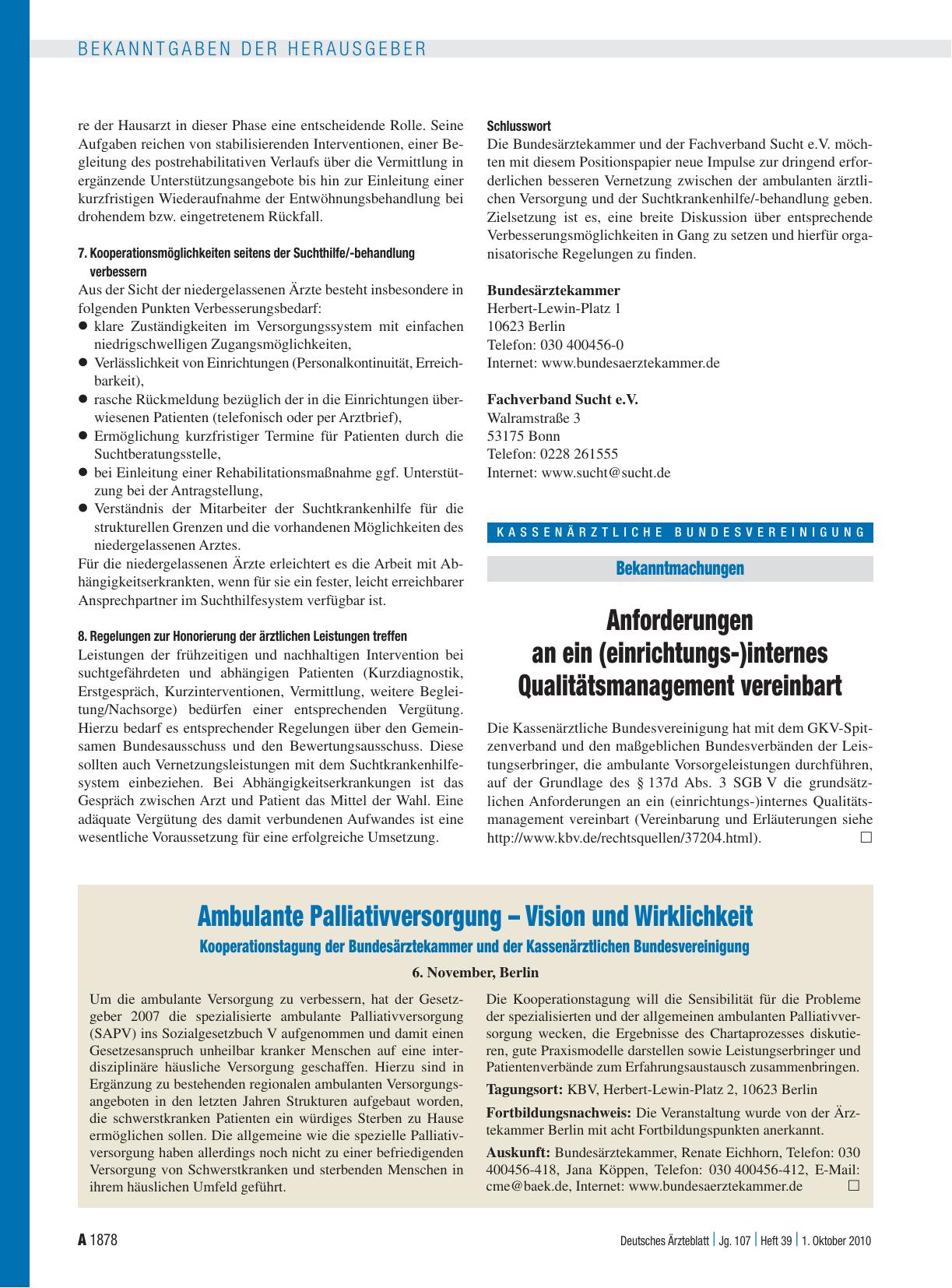 Vorschauseite 1: Ambulante Palliativversorgung – Vision und Wirklichkeit: Kooperationstagung der Bundesärztekammer und der Kassenärztlichen Bundesvereinigung