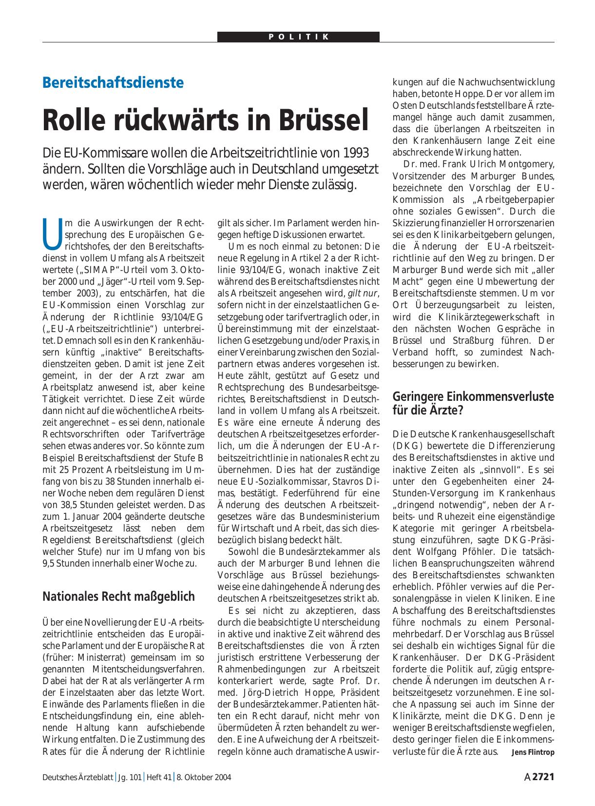 Vorschauseite 1: Bereitschaftsdienste: Rolle rückwärts in Brüssel
