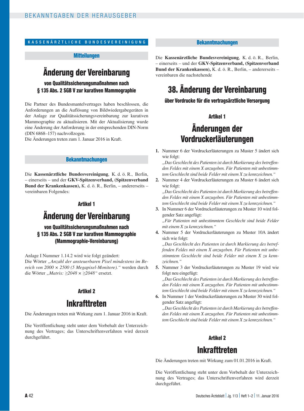 Vorschauseite 1: Änderung der Vereinbarung von Qualitätssicherungsmaßnahmen nach § 135 Abs. 2 SGB V zur kurativen Mammographie