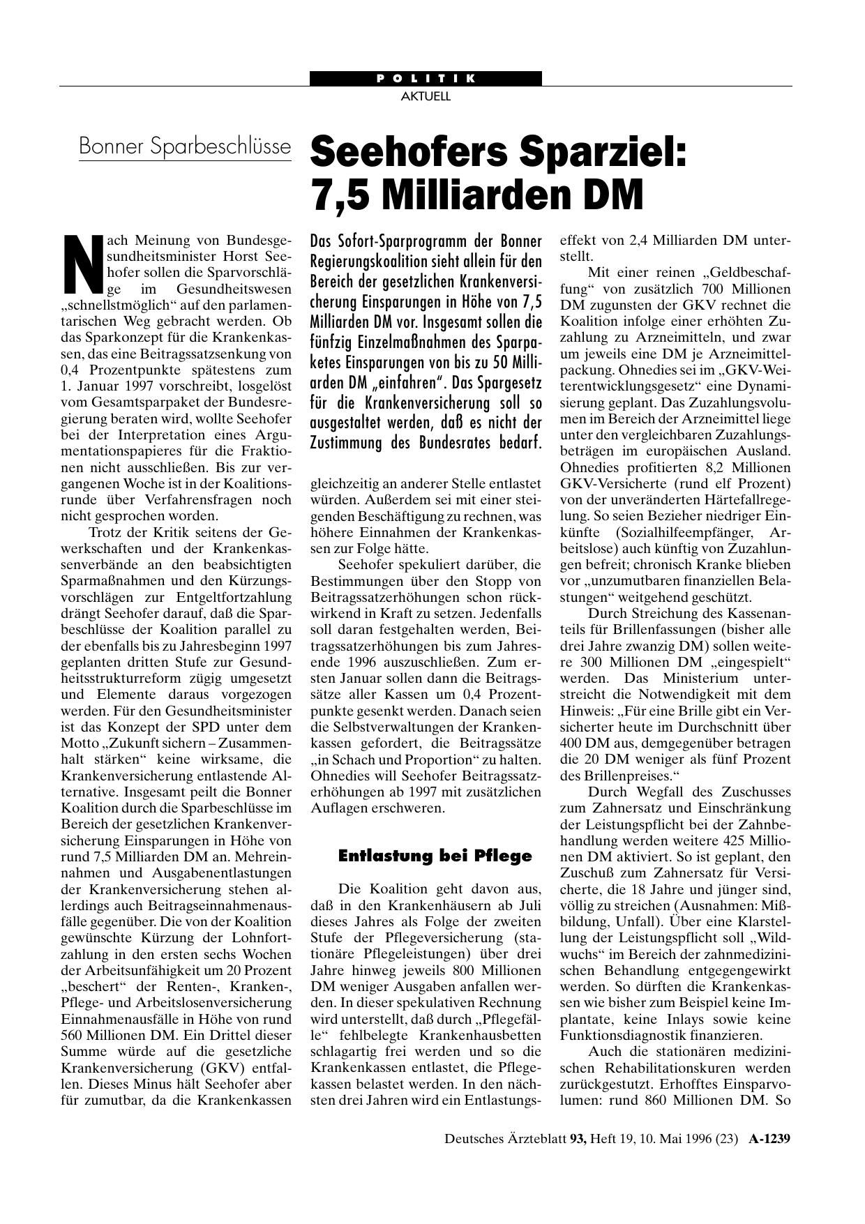 Vorschauseite 1: Bonner Sparbeschlüsse – Seehofers Sparziel: 7, 5 Milliarden DM