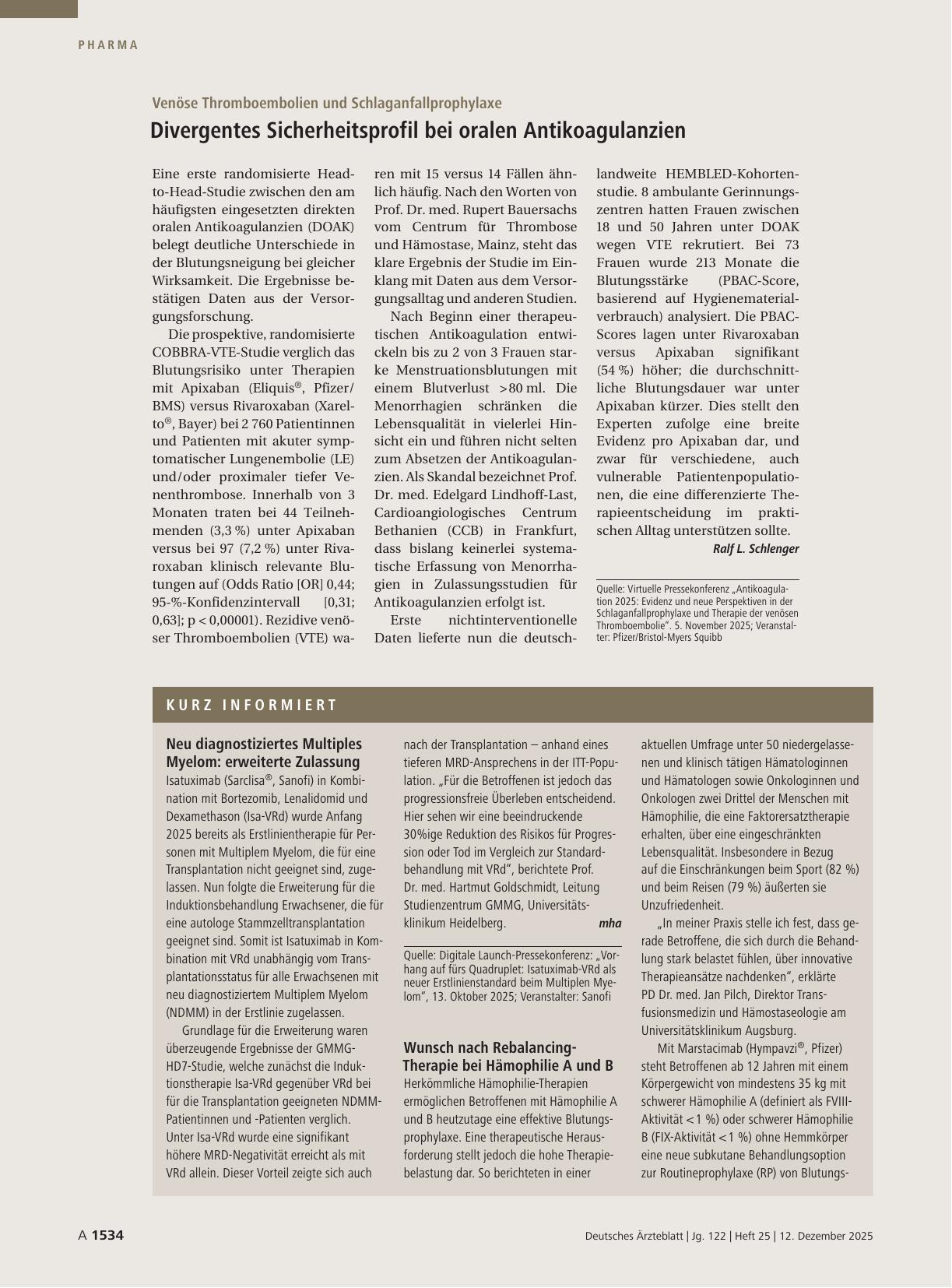 Vorschauseite 1: Venöse Thromboembolien und Schlaganfallprophylaxe: Divergentes Sicherheitsprofil bei oralen Antikoagulanzien