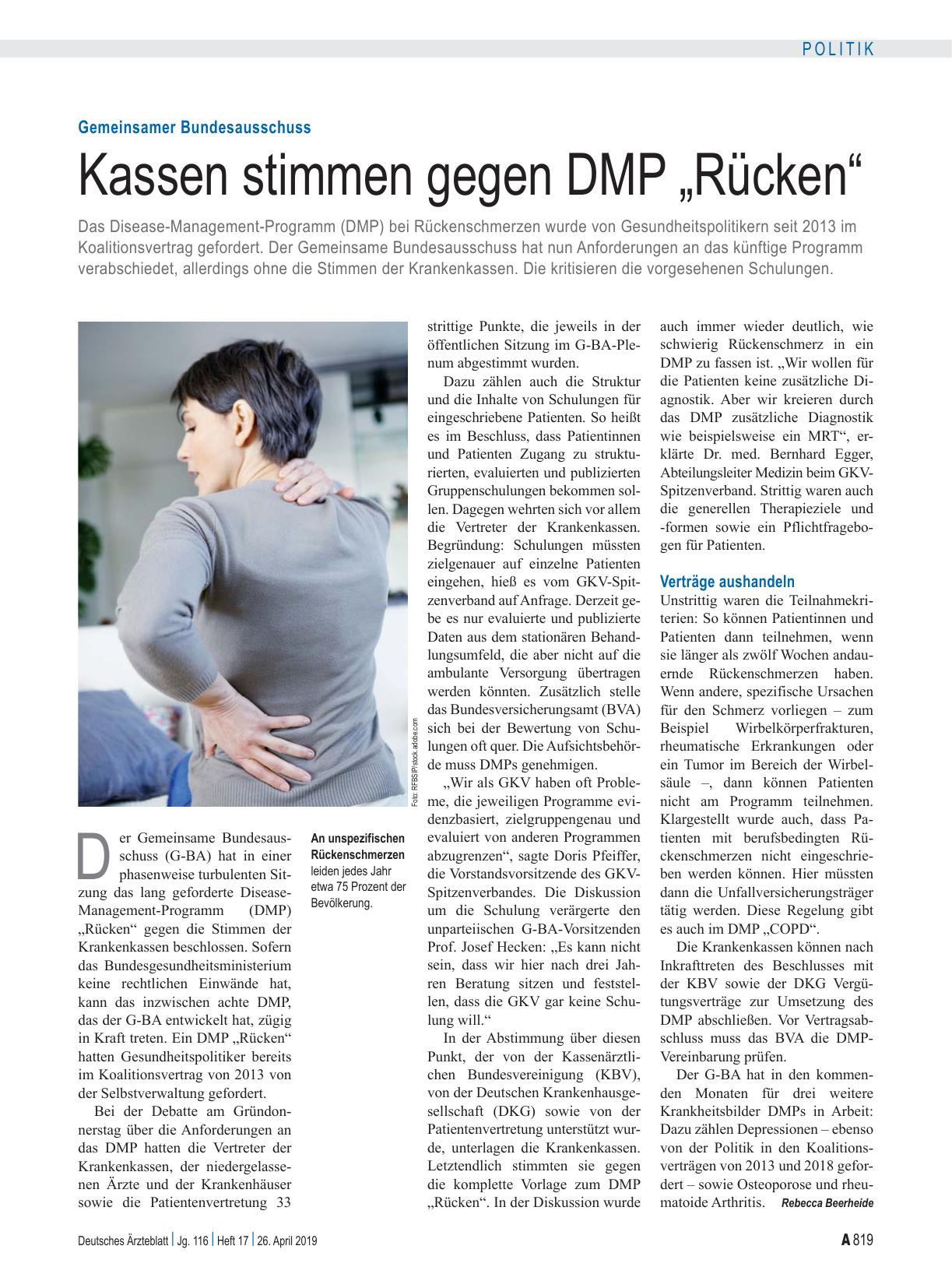 Vorschauseite 1: Gemeinsamer Bundesausschuss: Kassen stimmen gegen DMP „Rücken“