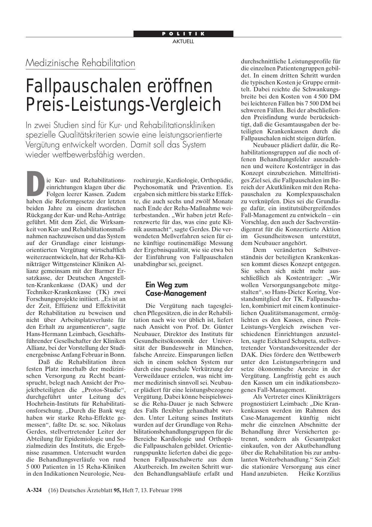 Vorschauseite 1: Medizinische Rehabilitation: Fallpauschalen eröffnen Preis-Leistungs-Vergleich
