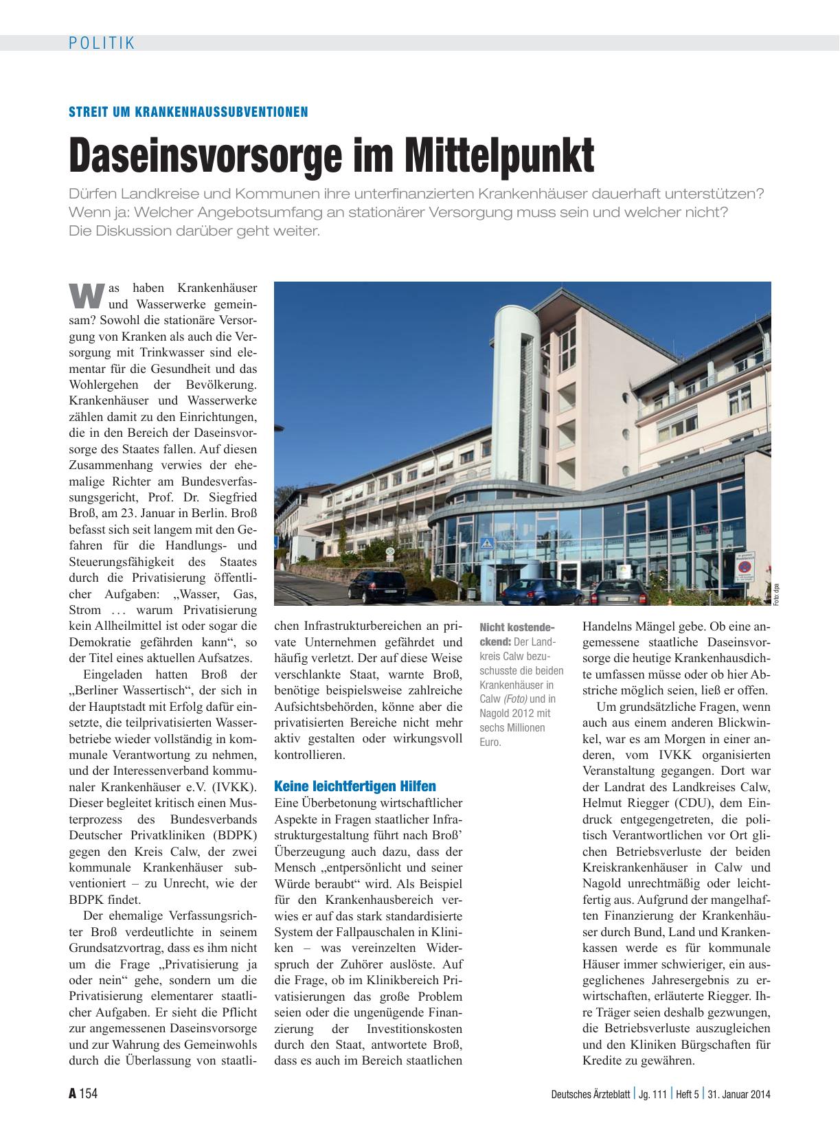 Vorschauseite 1: Streit um Krankenhaussubventionen: Daseinsvorsorge im Mittelpunkt