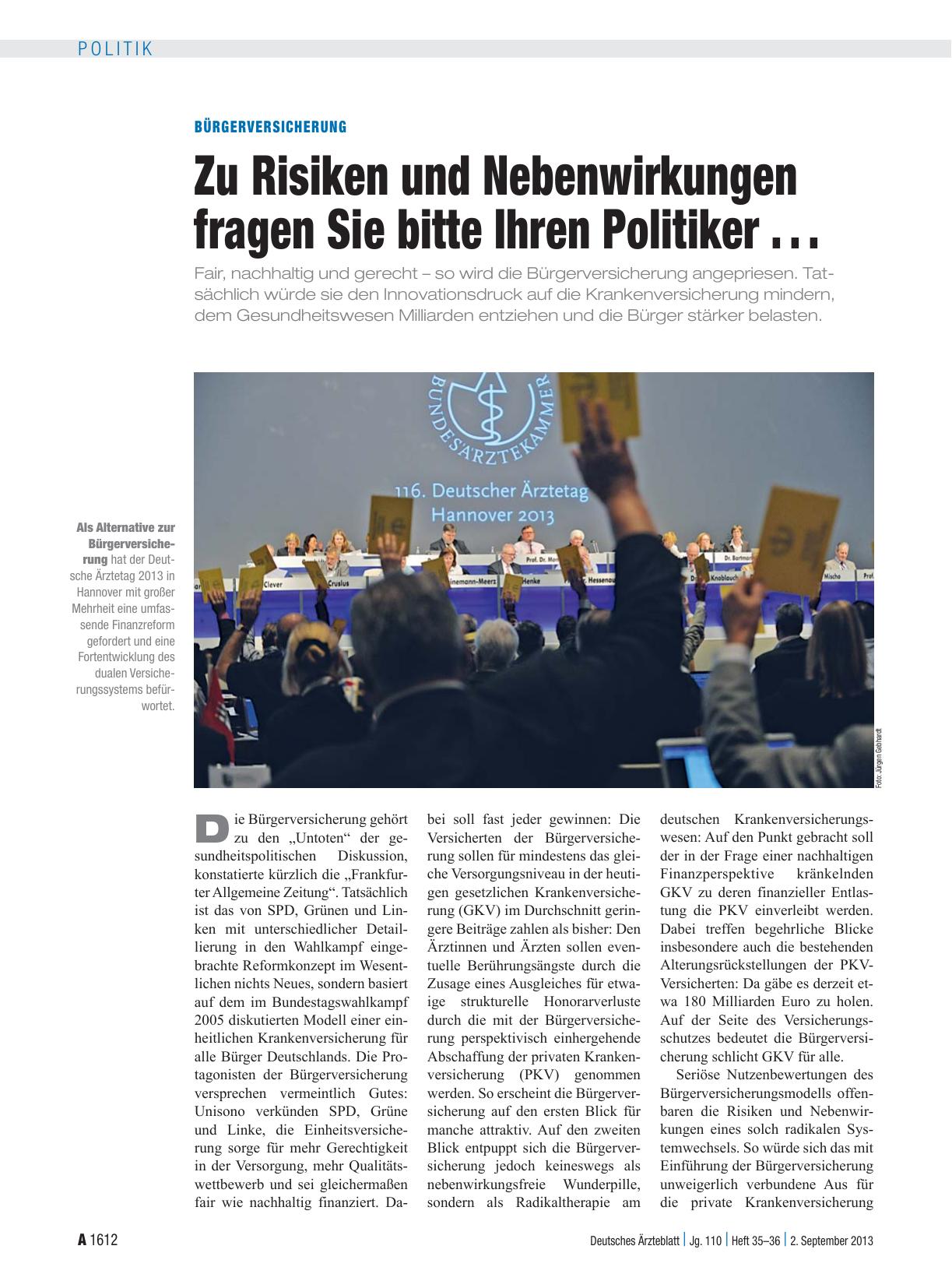 Vorschauseite 1: Bürgerversicherung: Zu Risiken und Nebenwirkungen fragen Sie bitte Ihren Politiker . . .
