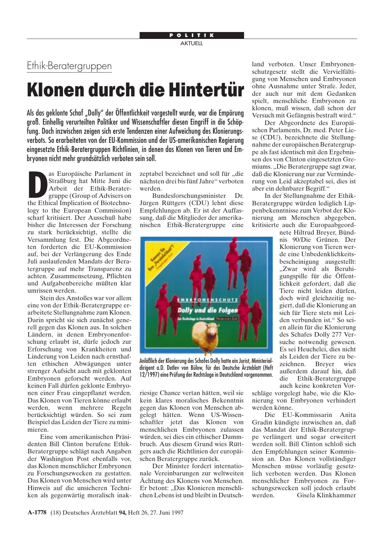 Vorschauseite 1: Ethik-Beratergruppen: Klonen durch die Hintertür
