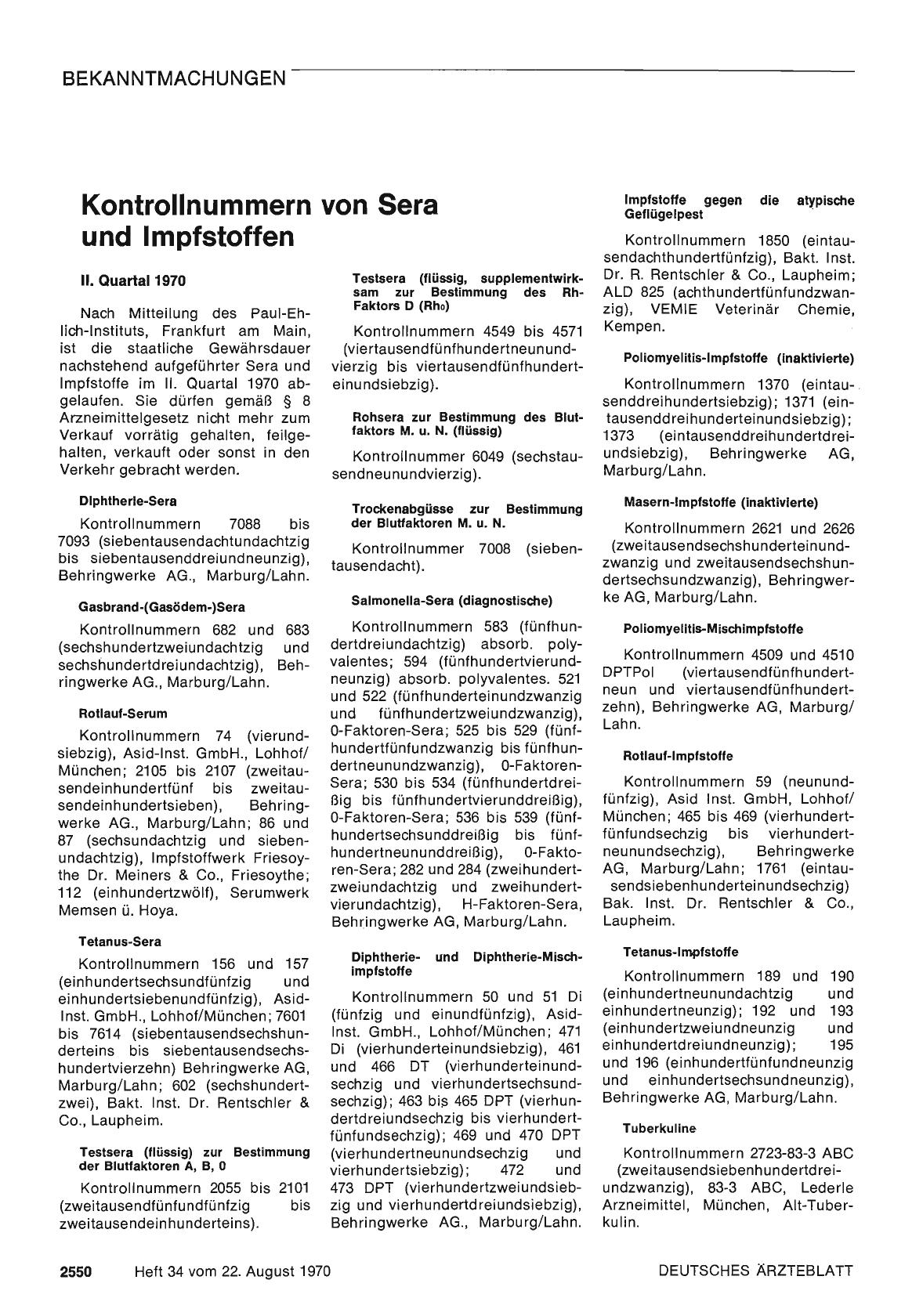 Vorschauseite 1: Kontrollnummern von Sera und Impfstoffen
