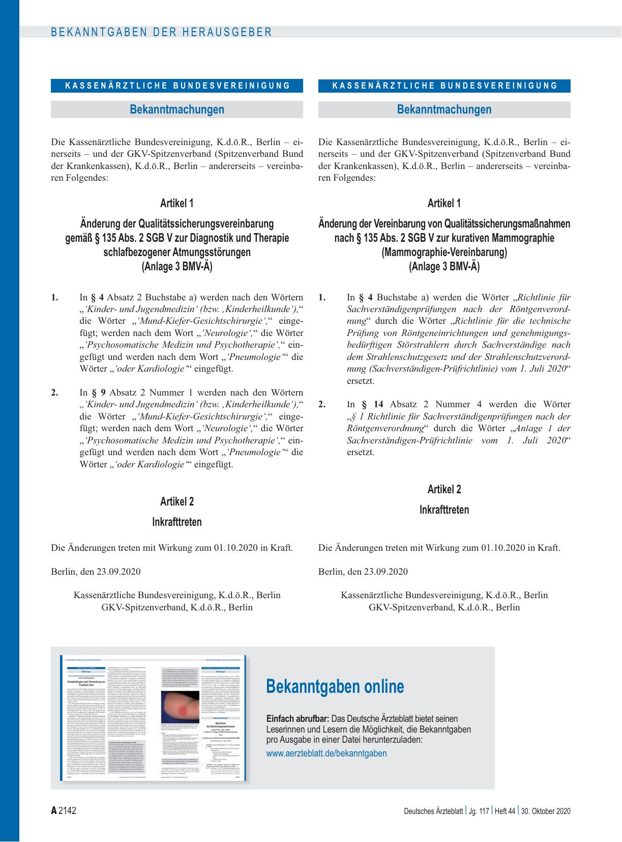 Vorschauseite 1: Änderung der Qualitätssicherungsvereinbarung gemäß § 135 Abs. 2 SGB V zur Diagnostik und Therapie schlafbezogener Atmungsstörungen