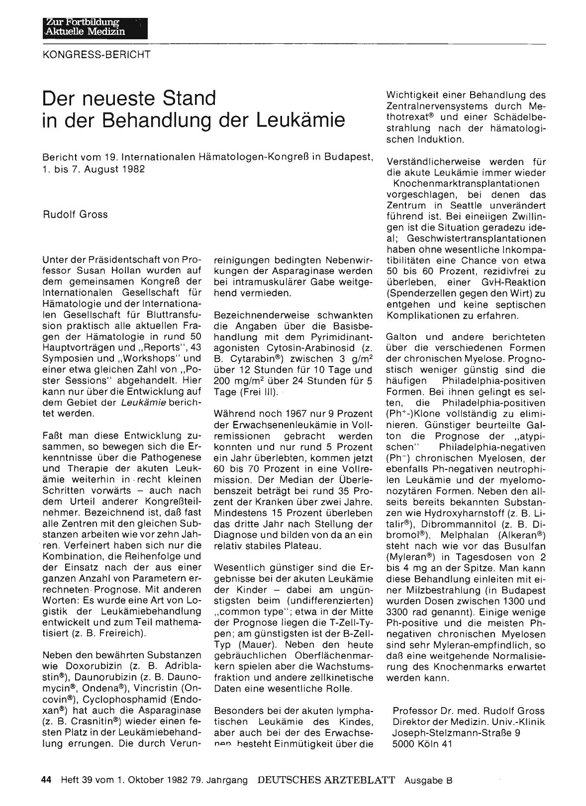 Vorschauseite 1: Der neueste Stand in der Behandlung der Leukämie: Bericht vom 19. Internationalen Hämatologen-Kongreß in Budapest, 1. bis 7. Au g ust 1982