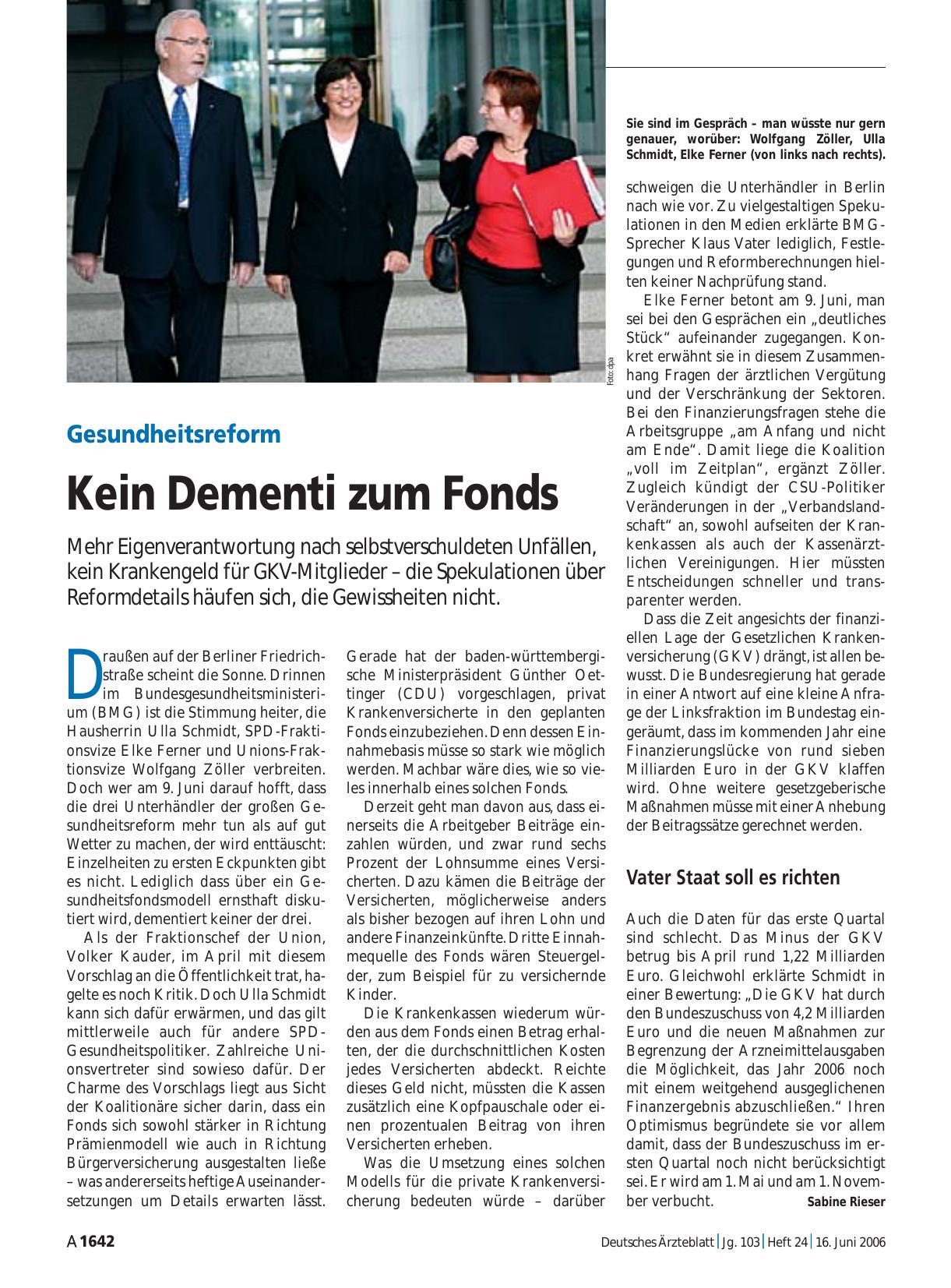 Vorschauseite 1: Gesundheitsreform: Kein Dementi zum Fonds