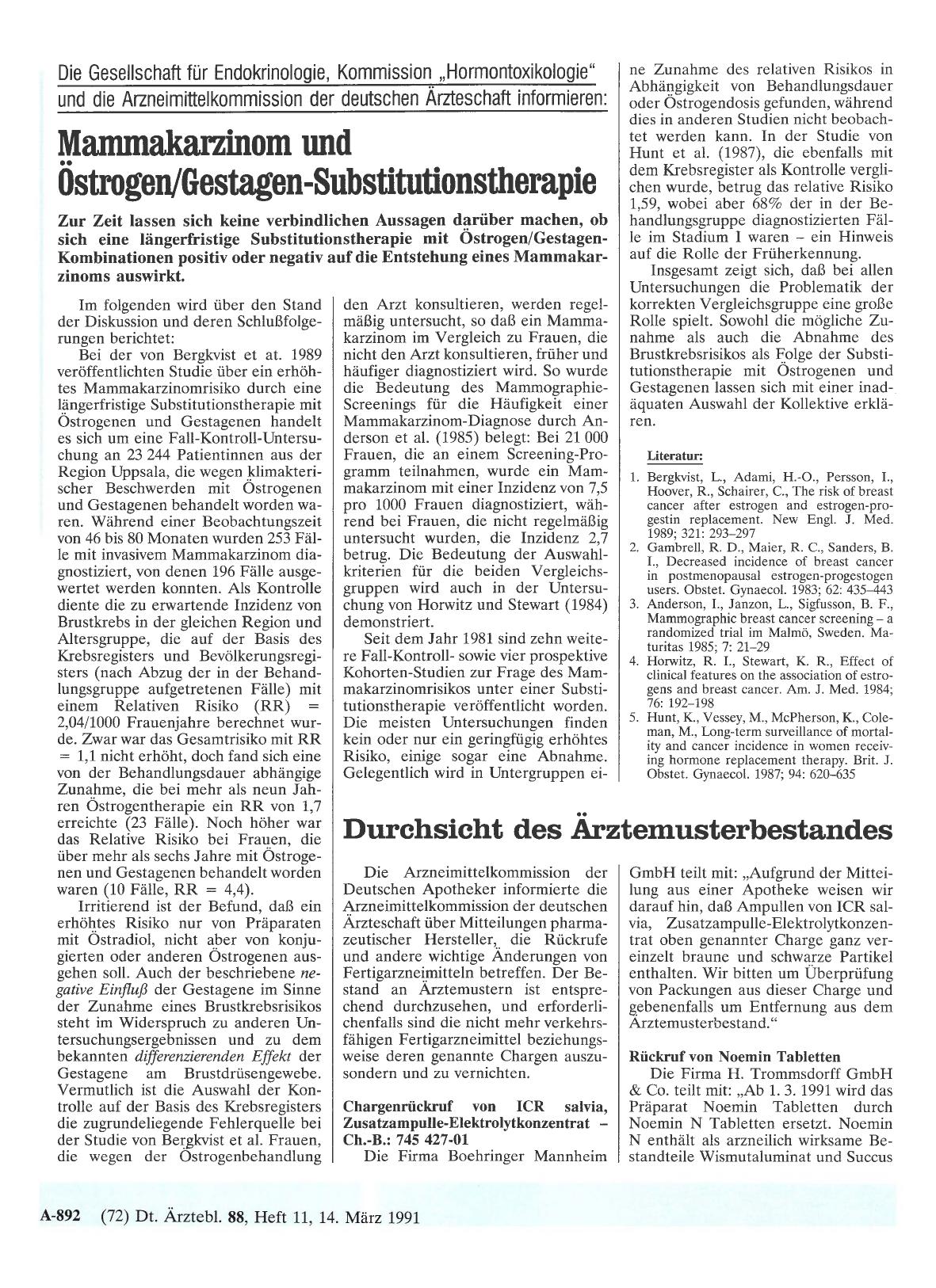 Vorschauseite 1: Die Gesellschaft für Endokrinologie, Kommission „Hormontoxikologie“ und die Arzneimittelkommission der deutschen Ärzteschaft informieren: Mammakarzinom und Östrogen/Gestagen-Subst…