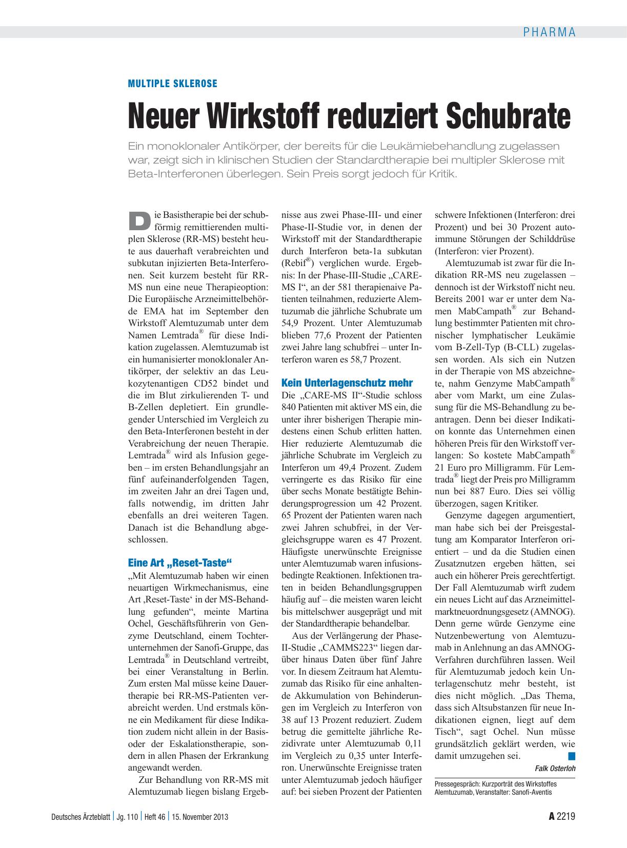 Vorschauseite 1: Multiple Sklerose: Neuer Wirkstoff reduziert Schubrate