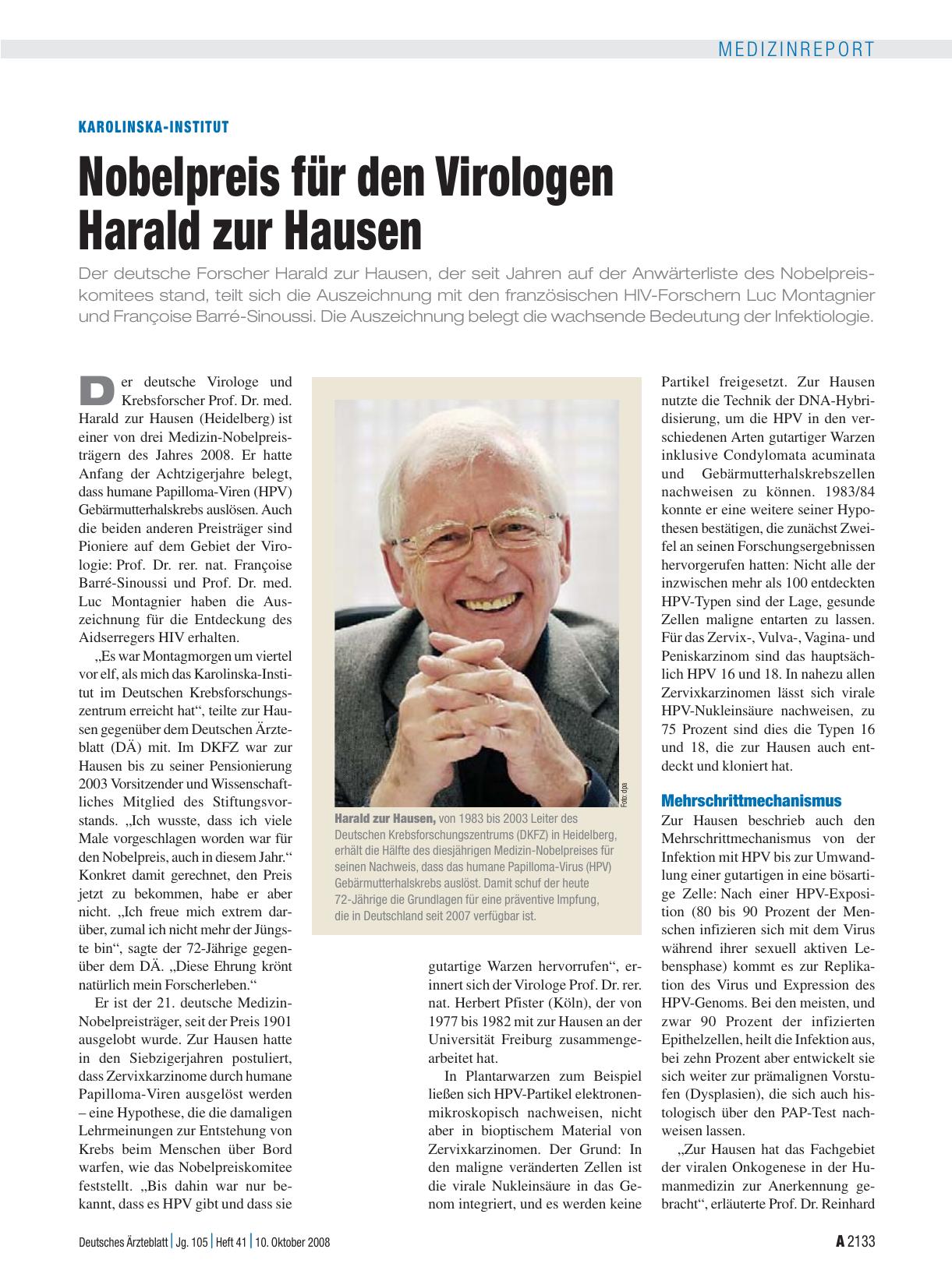 Vorschauseite 1: Karolinska-Institut: Nobelpreis für den Virologen Harald zur Hausen
