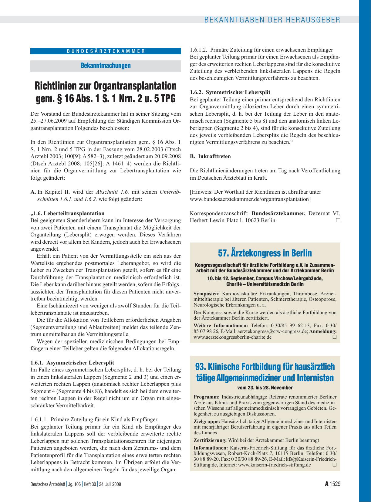 Vorschauseite 1: Bekanntmachungen: Richtlinien zur Organtransplantation gem. § 16 Abs. 1 S. 1 Nrn. 2 u. 5 TPG