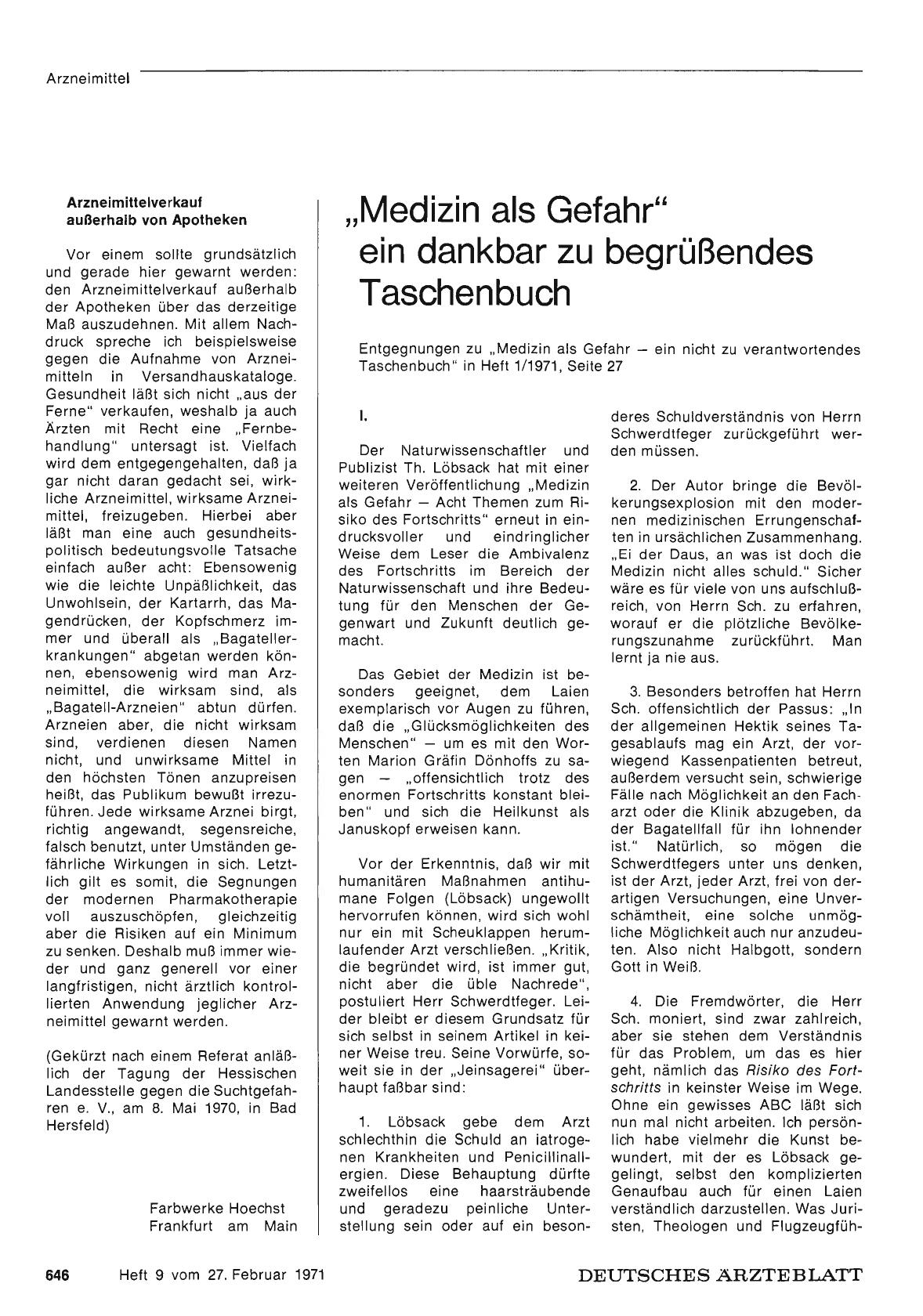 Vorschauseite 1: „Medizin als Gefahr" ein dankbar zu begrüßendes Taschenbuch: I.
