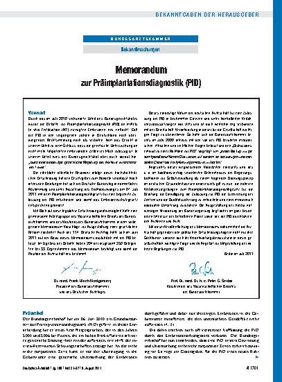 Vorschauseite 1: Memorandum zur Präimplantationsdiagnostik (PID)