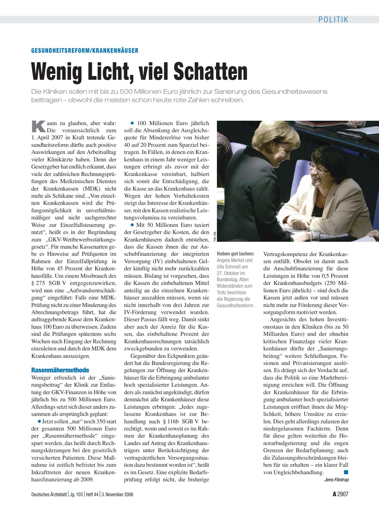 Vorschauseite 1: Gesundheitsreform/KrankenhÄuser: Wenig Licht, viel Schatten