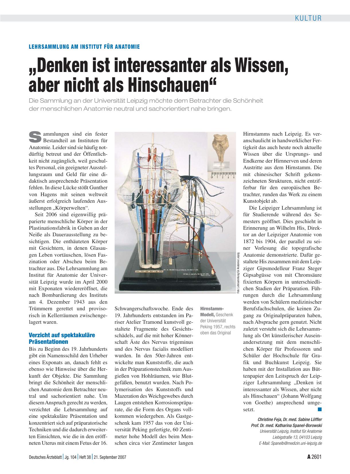 Vorschauseite 1: Lehrsammlung am Institut für Anatomie: „Denken ist interessanter als Wissen, aber nicht als Hinschauen“