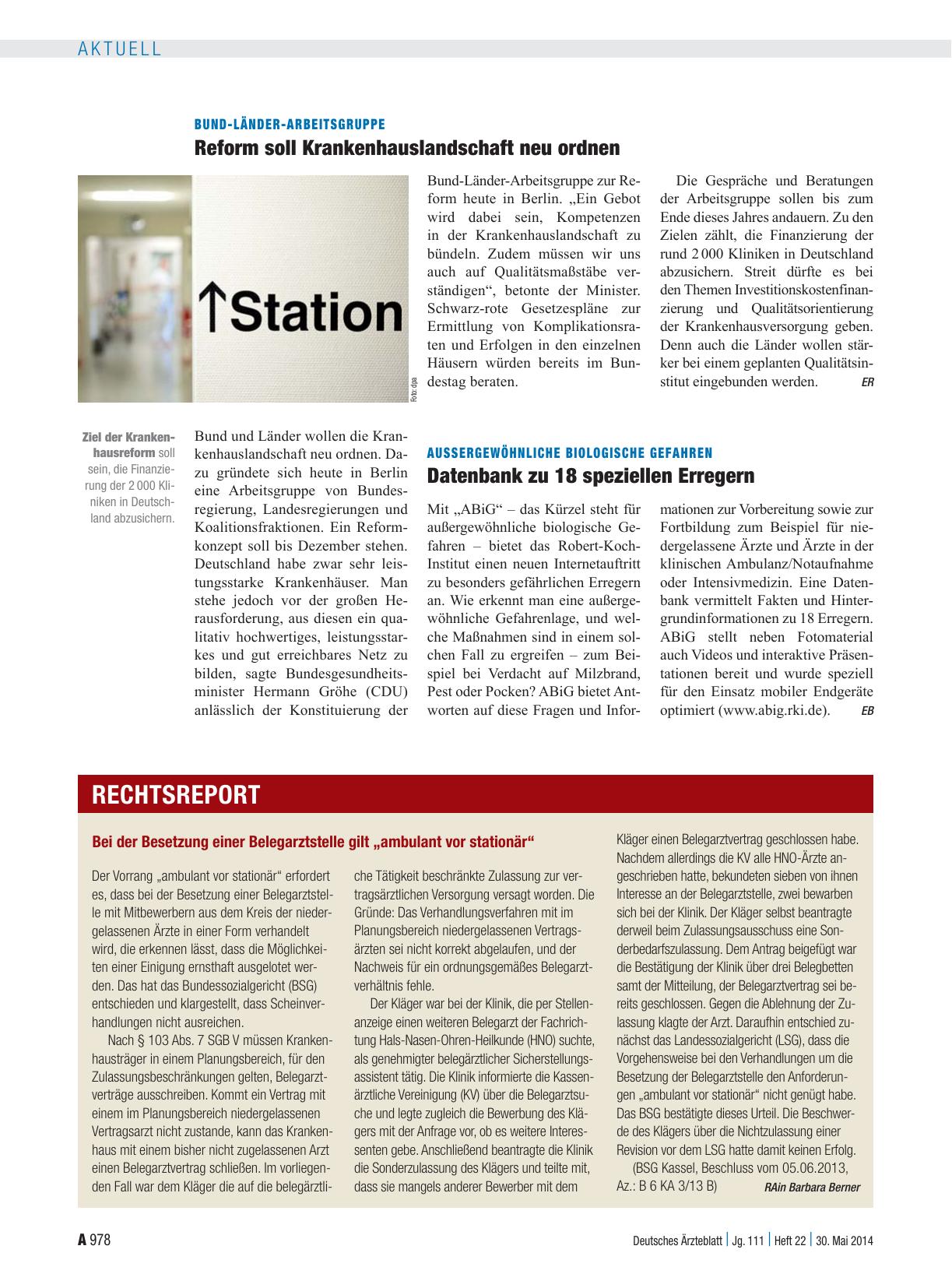 Vorschauseite 1: Bei der Besetzung einer Belegarztstelle gilt „ambulant vor stationär“