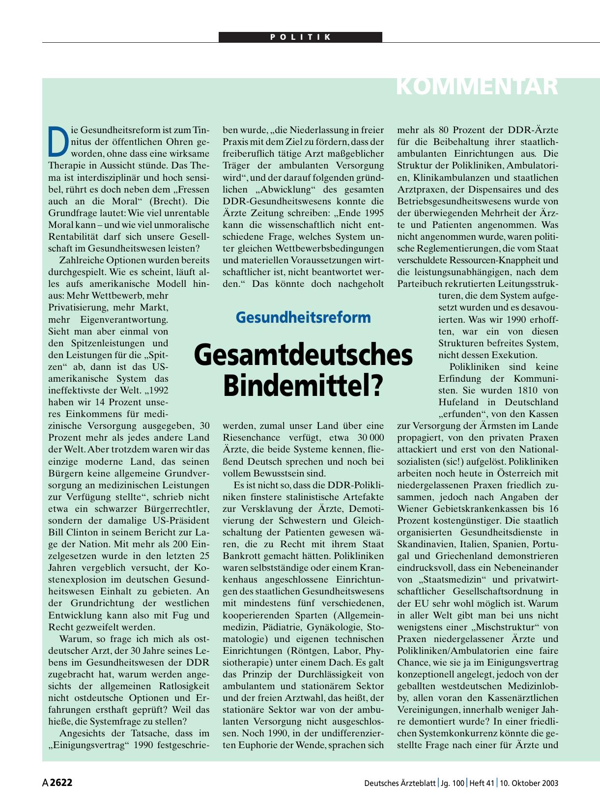 Vorschauseite 1: Gesundheitsreform: Gesamtdeutsches Bindemittel?