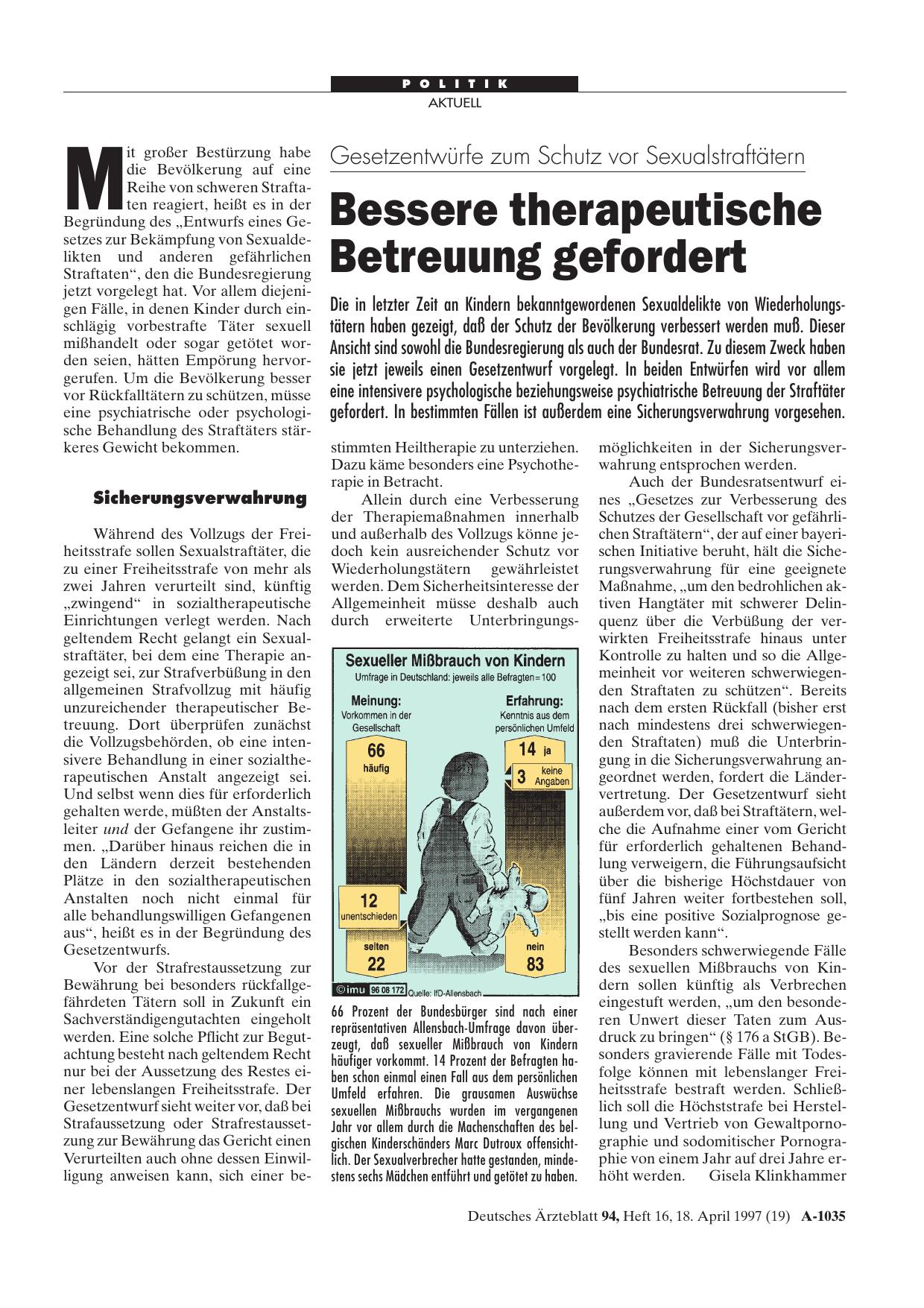 Vorschauseite 1: Gesetzentwürfe zum Schutz vor Sexualstraftätern: Bessere therapeutische Betreuung gefordert