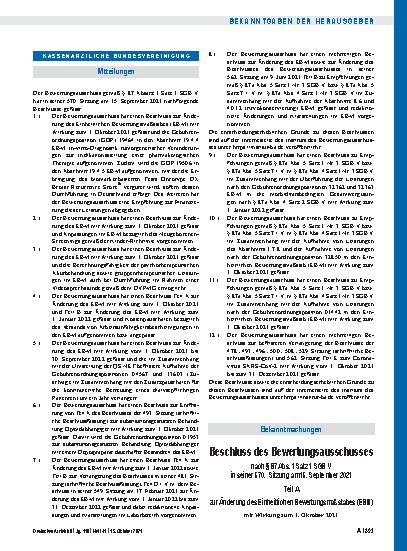Vorschauseite 1: Beschluss des Bewertungsausschusses nach § 87 Abs. 1 Satz 1 SGB V in seiner 570. Sitzung am 15. September 2021 zur Änderung des Einheitlichen Bewertungsmaßstabes (EBM) im Zusammen…