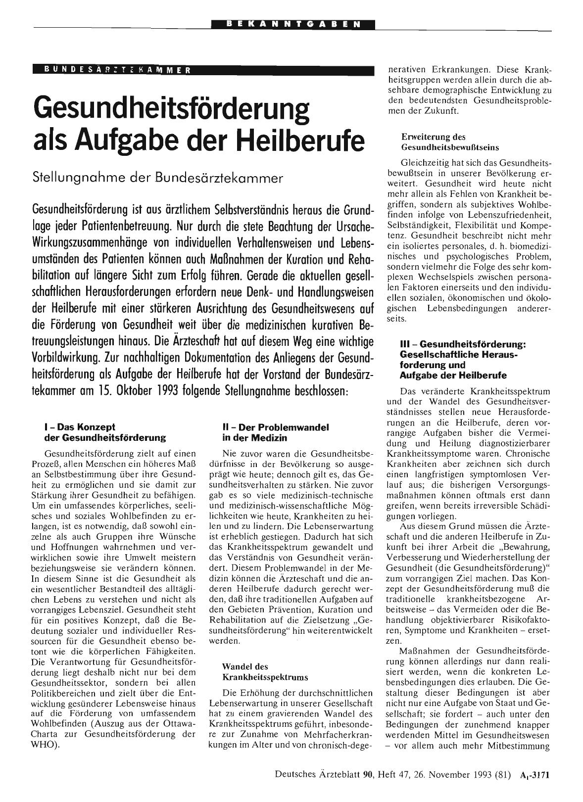 Vorschauseite 1: Gesundheitsförderung als Aufgabe der Heilberufe: Stellungnahme der Bundesärztekammer