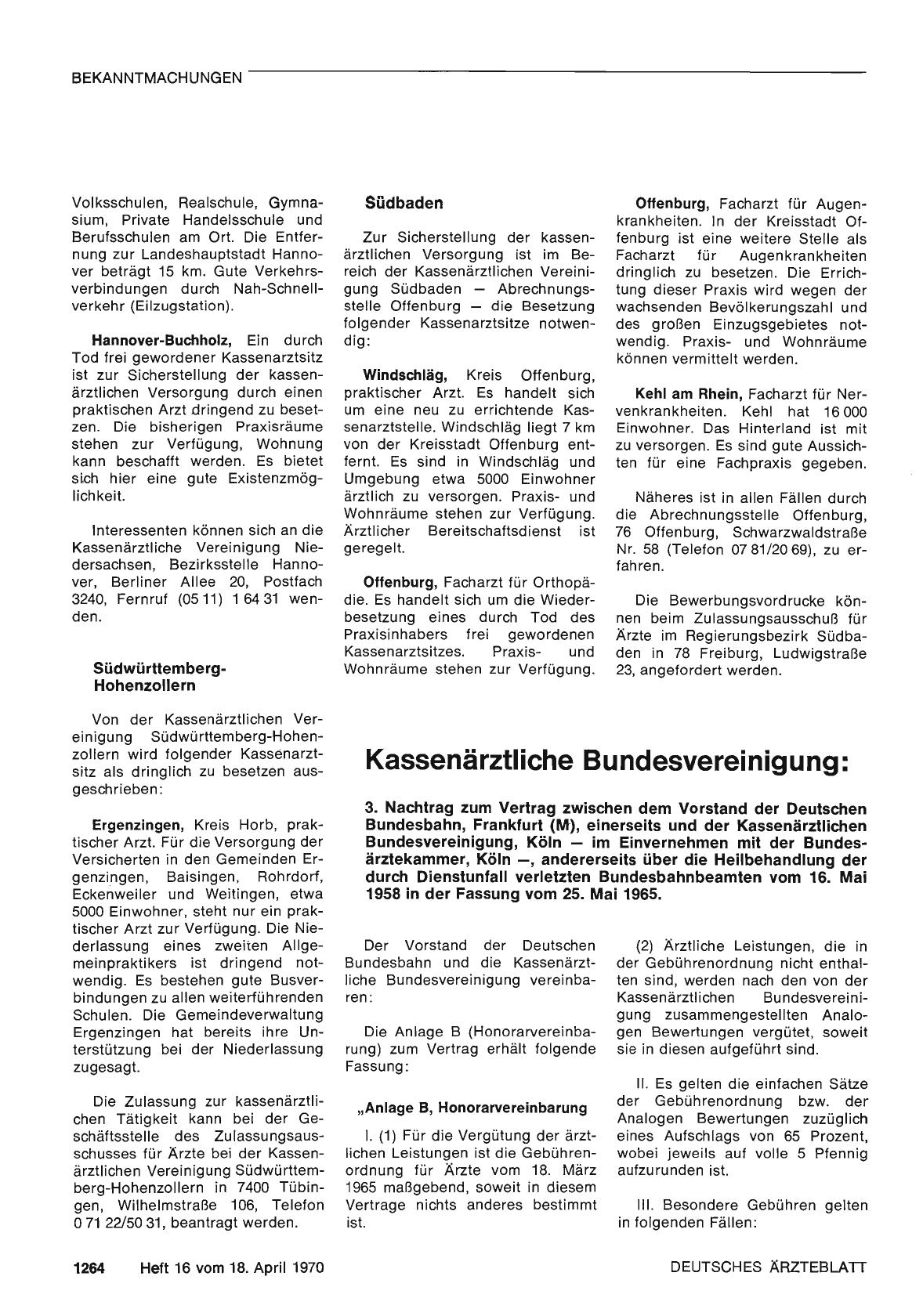 Vorschauseite 1: Kassenärztliche Bundesvereinigung: 3. Nachtrag zum Vertrag zwischen dem Vorstand der Deutschen Bundesbahn und der Kassenärztlichen Bundesvereinigung