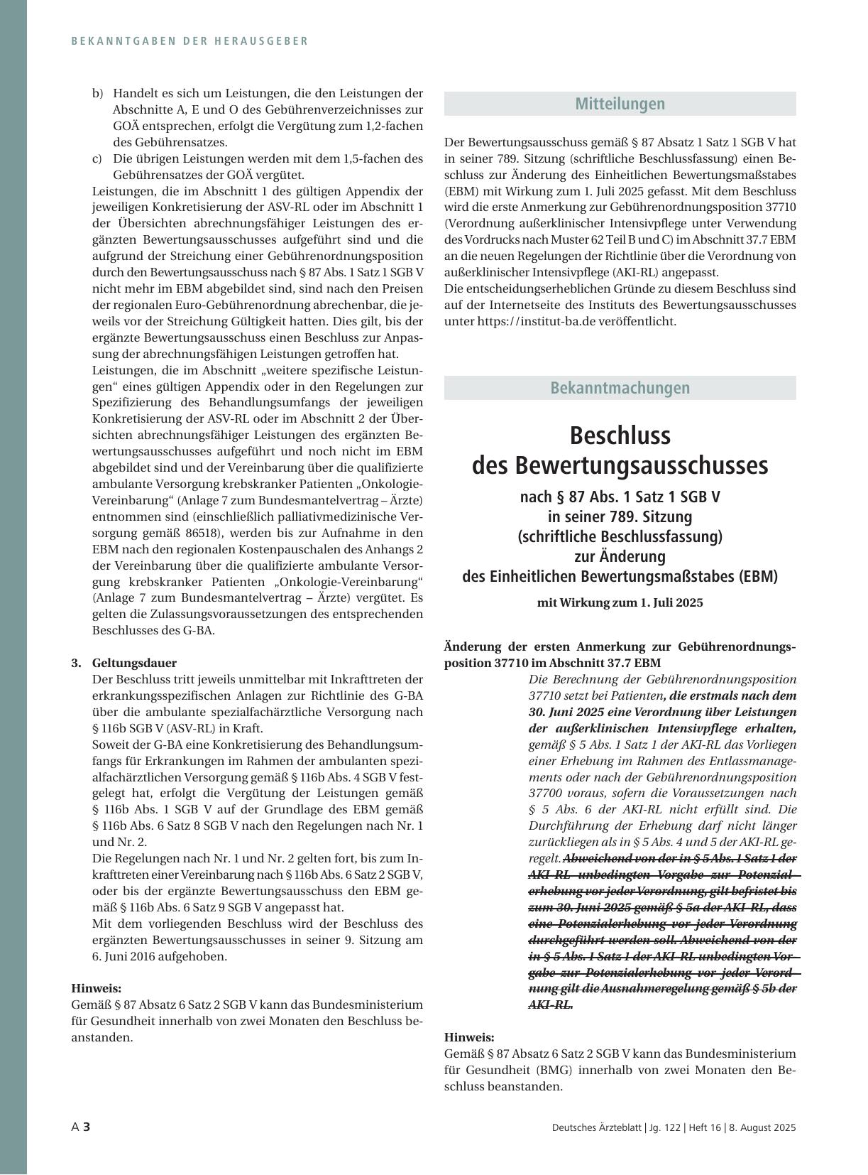 Vorschauseite 1: Beschluss des Bewertungsausschusses nach § 87 Abs. 1 Satz 1 SGB V in seiner 789. Sitzung (schriftliche Beschlussfassung) zur Änderung des Einheitlichen Bewertungsmaßstabes (EBM)