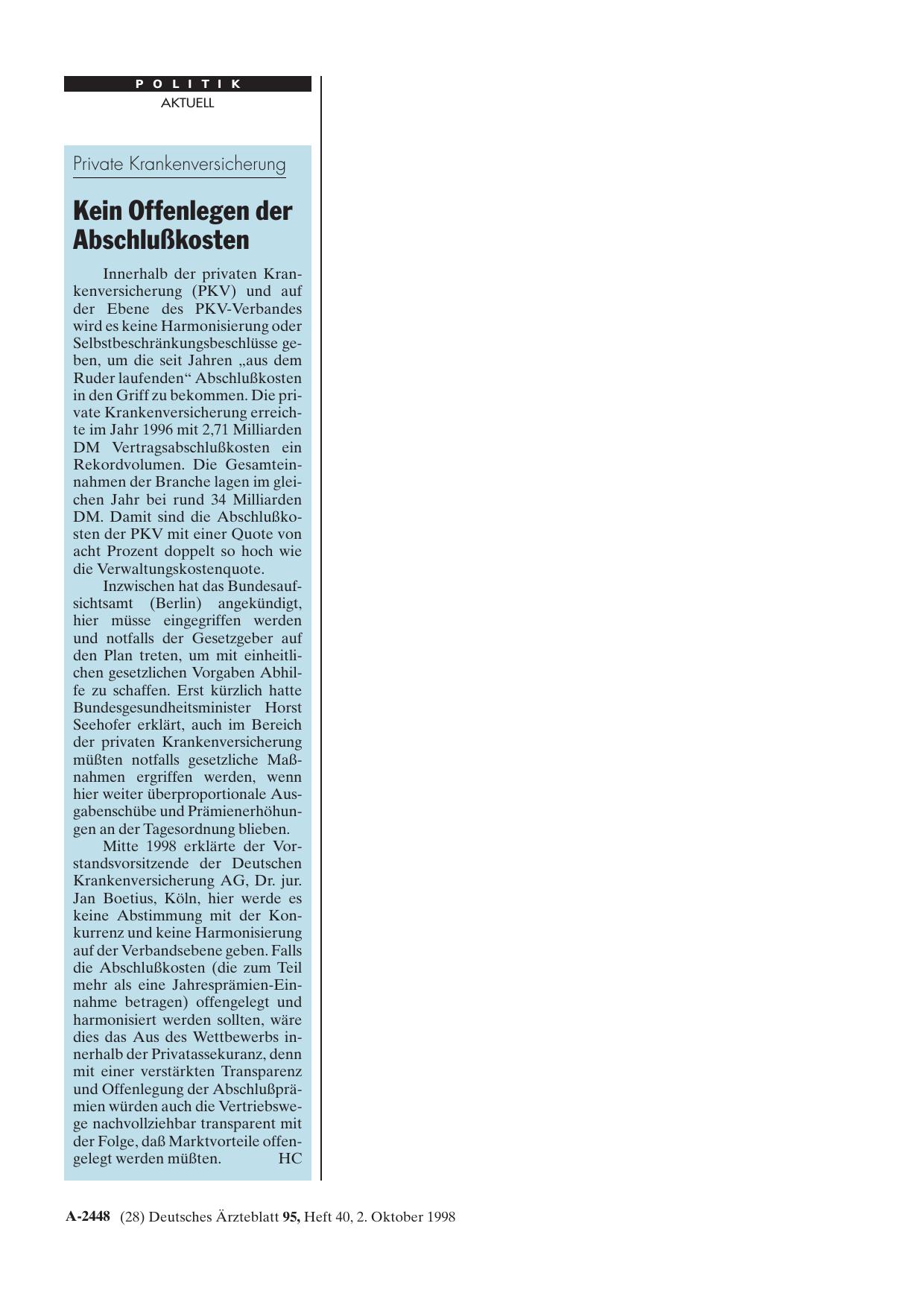 Vorschauseite 1: Private Krankenversicherung: Kein Offenlegen der Abschlußkosten