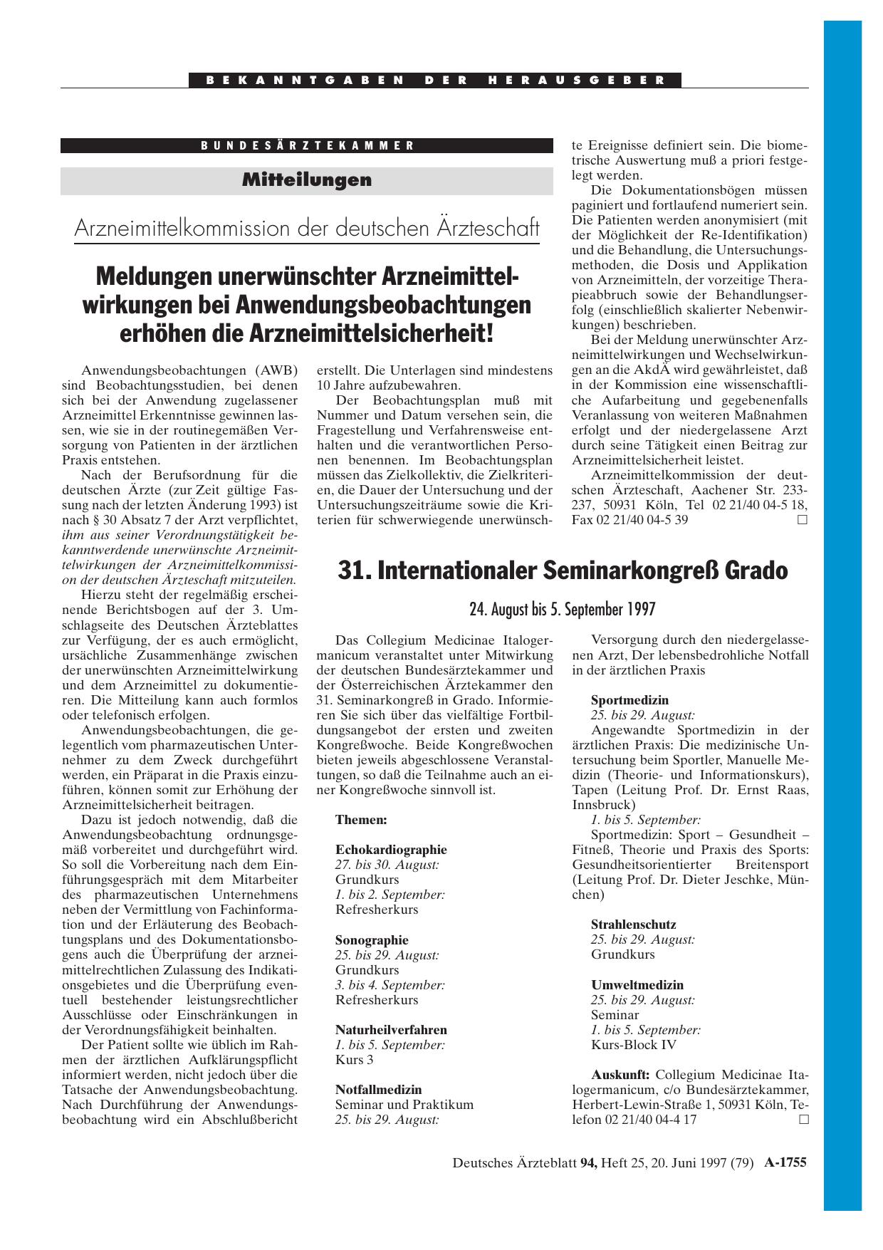 Vorschauseite 1: 31. Internationaler Seminarkongreß Grado: 24. August bis 5. September 1997